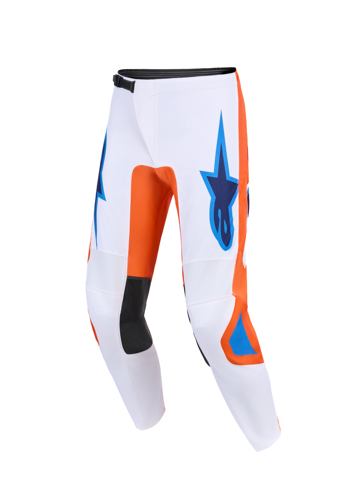 Alpinestars 2026 Fluid Grid-byxor, motocrossbyxor, vita med orange och UCLA-blå detaljer, blå Astars-logotyper på låren, svarta paneler på knänas insida, teknisk ergonomisk design för terrängkörning