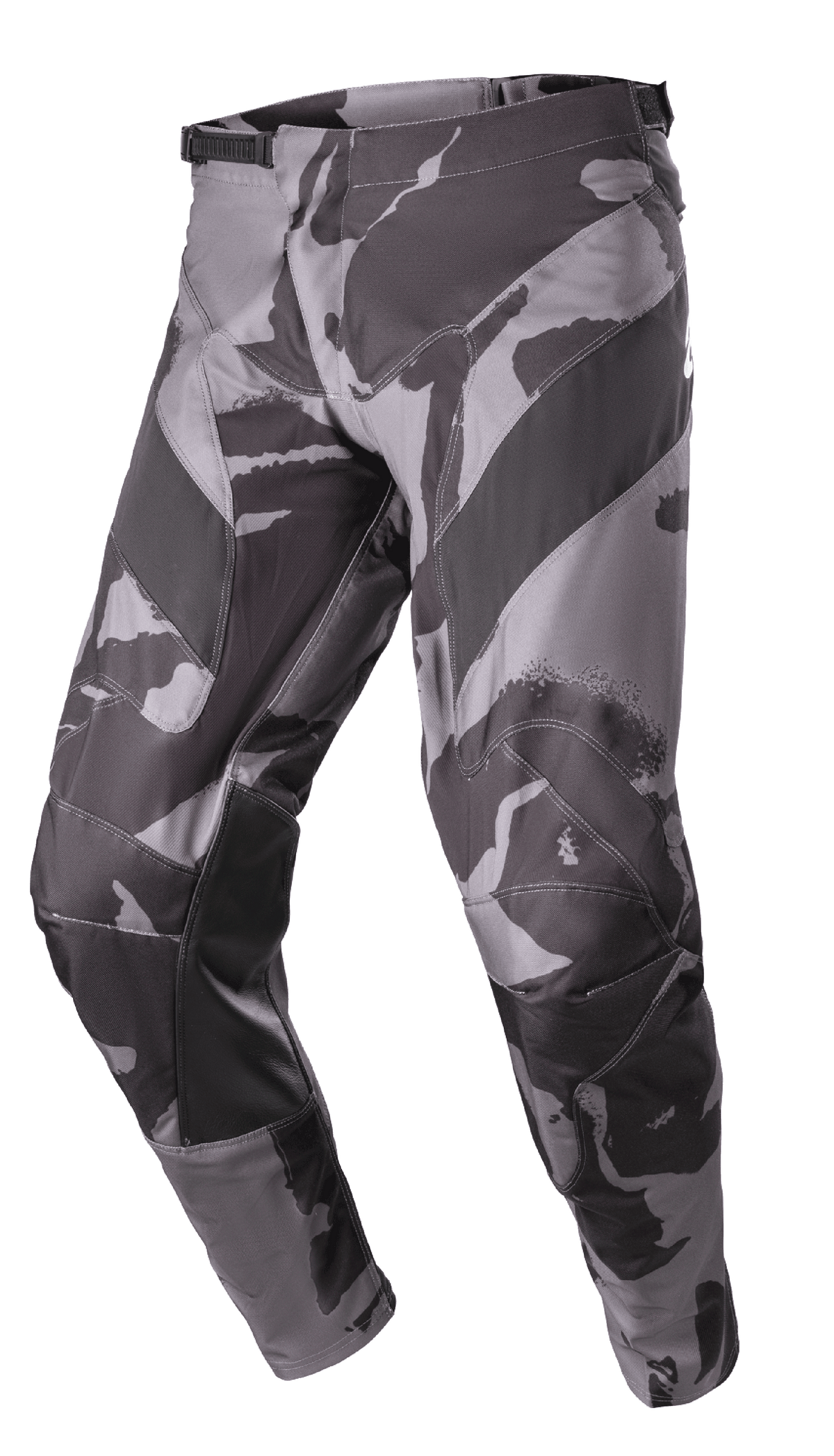 Alpinestars 2023 Racer Tactical byxor, motocross- och off-roadbyxor, Iron Camo grå och svart, läderförstärkta innerben, spännlås i midjan, hållbar konstruktion i 600D polyestertyg