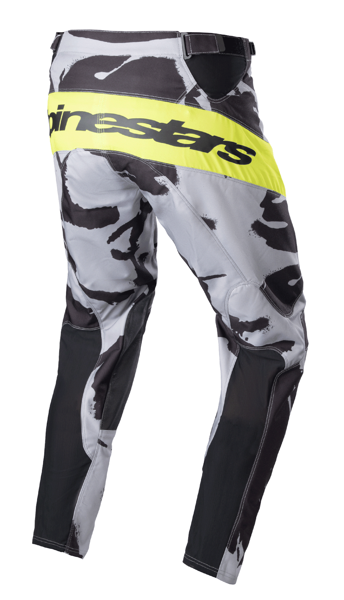 Alpinestars 2023 Racer Tactical Pants, Motocross Pants, Cast Gray Camo and Yellow Fluo, Rear-side view featuring a bright yellow fluorescent band with black Alpinestars branding, camouflage pattern with black inner-leg panels, performance off-road gear