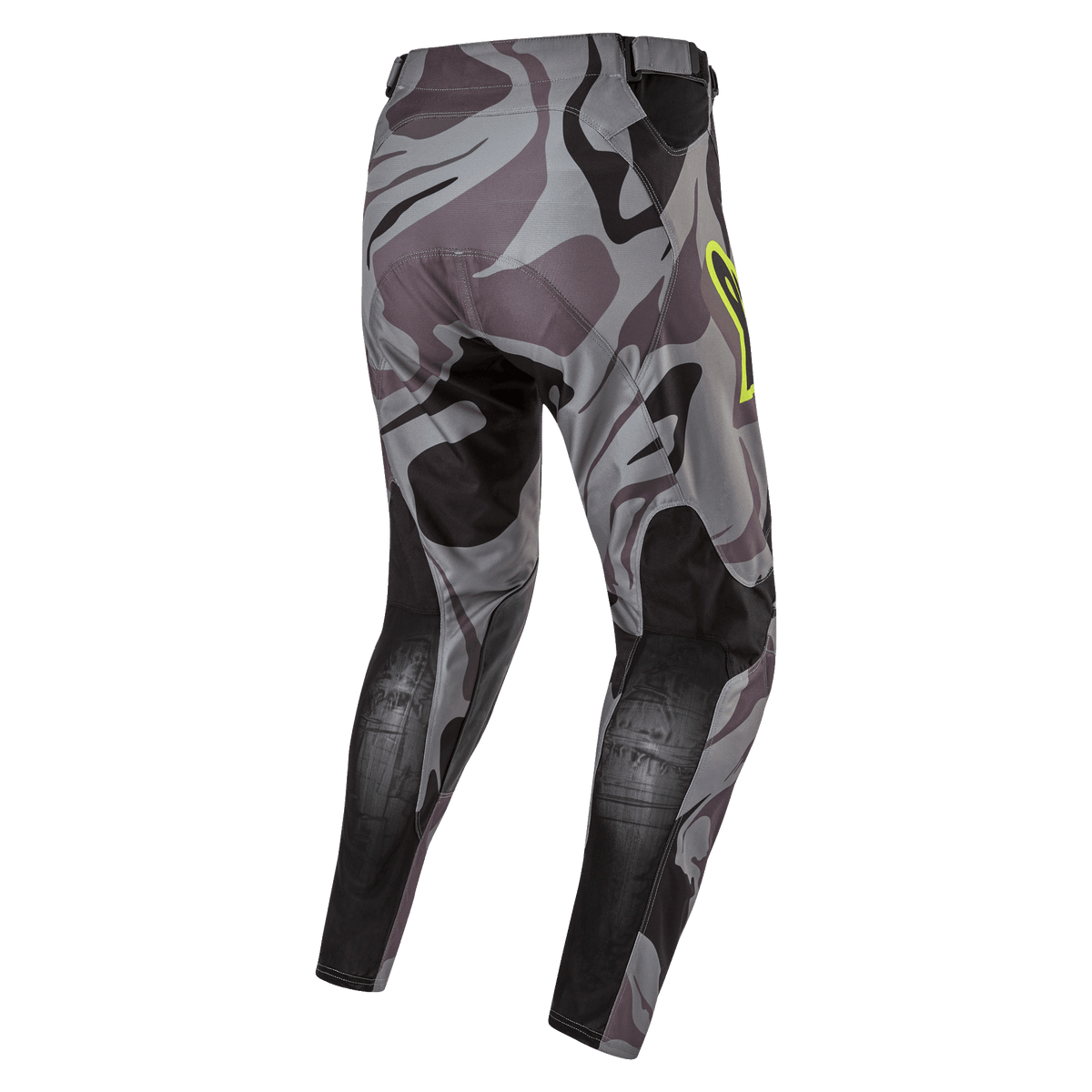 Alpinestars 2024 Racer Tactical byxor, motocrossbyxor, Cast Gray Camo Magnet, baksida som visar grått kamouflagemönster med svarta förstärkta paneler, gul logotypdetalj på höften, tekniskt ripstop-material för terrängkörning