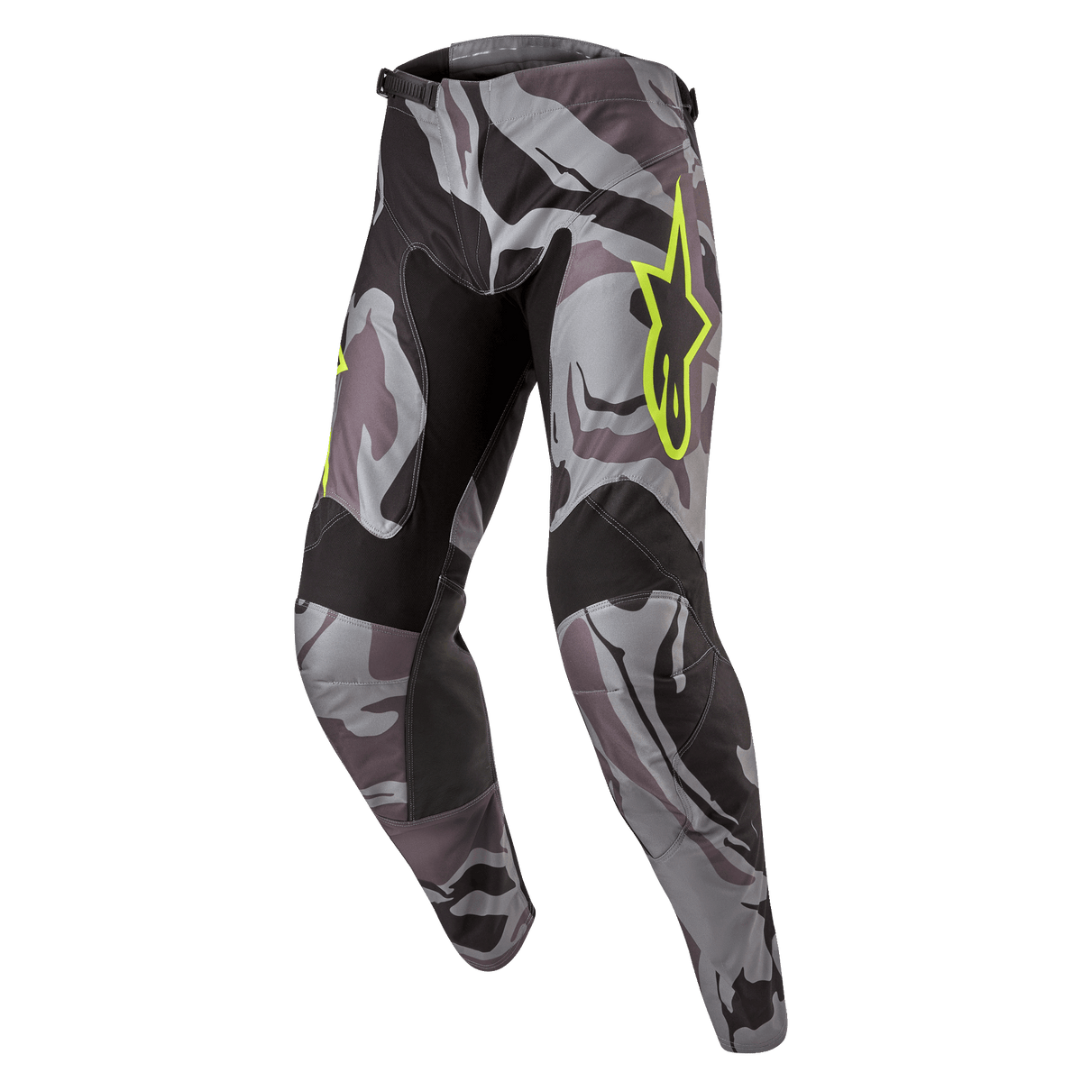 Alpinestars 2024 Racer Tactical byxor, motocrossbyxor, Cast Gray Camo Magnet, grått och svart kamouflagemönster med neongul Alpinestars-logotyp, svarta paneler på innerlår och knän, förböjd sportpassform för terrängkörning