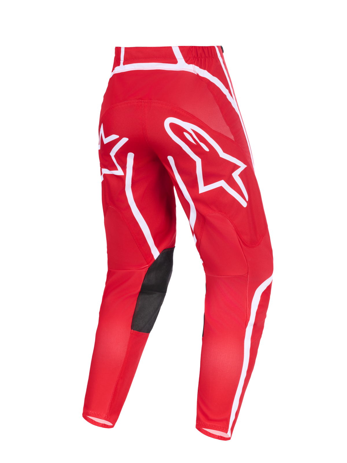 Alpinestars 2026 Fluid Apex byxor, motocrossbyxor, röda och vita, vy bakifrån med framträdande vita stjärnlogotyper på sätet, svarta knäpaneler i syntetiskt läder på insidan och ergonomisk förböjd design för terrängkörning