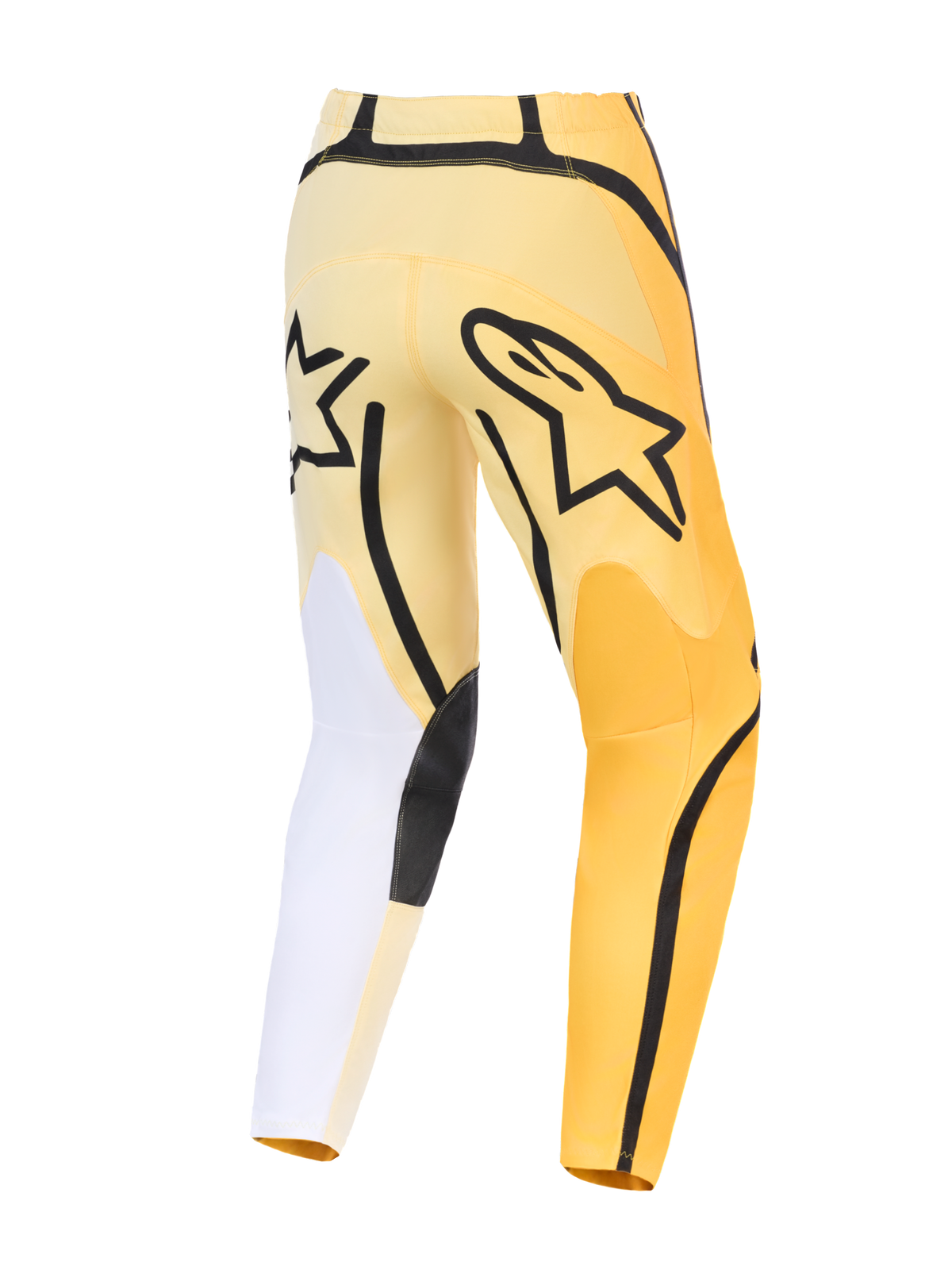 Alpinestars 2026 Fluid Apex Pants, Motocross Pants, Yellow and Black with white accents, rear view featuring bold black Astars logo, asymmetric design with durable reinforced panels and pre-curved fit.