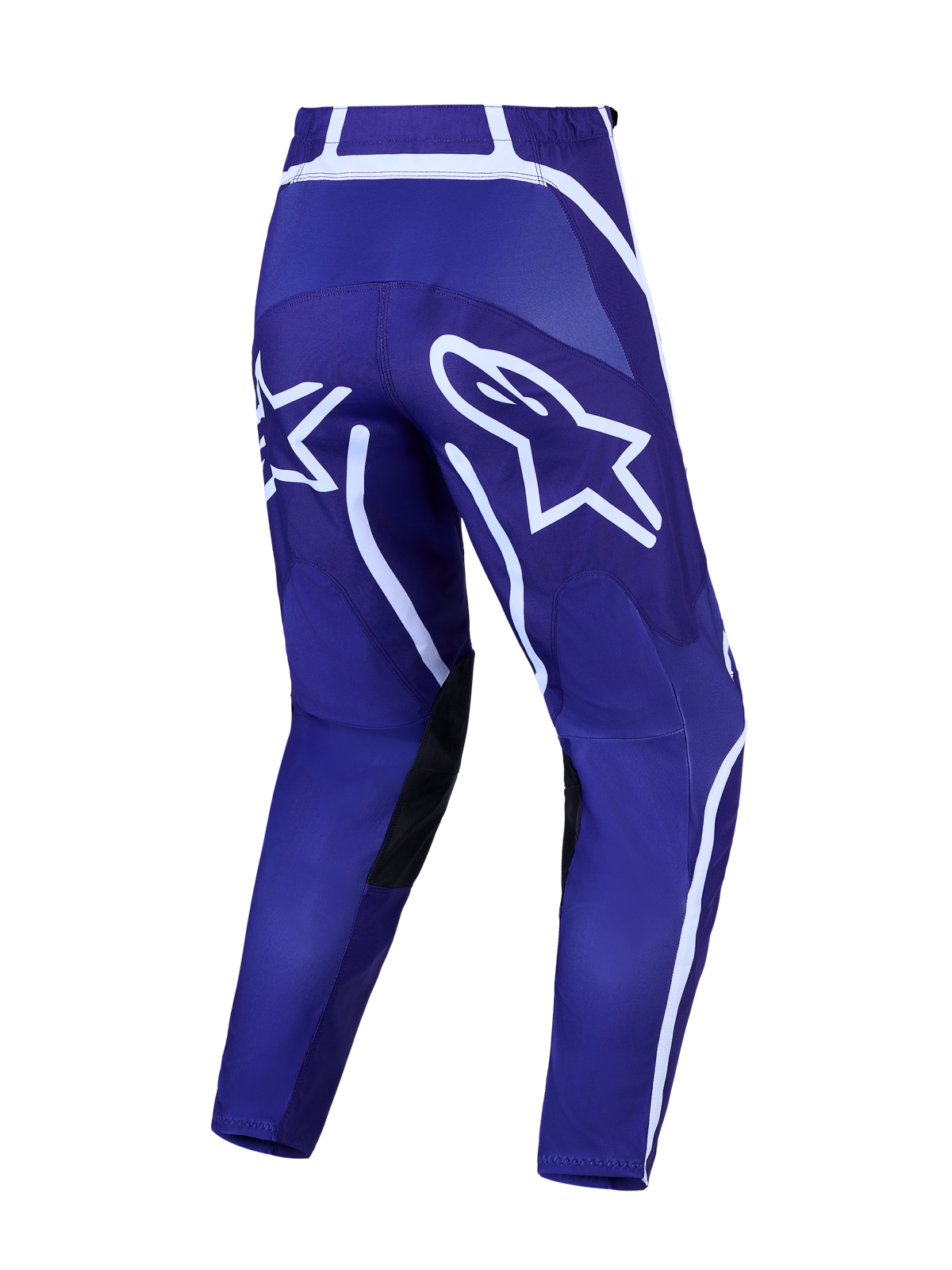 Alpinestars Fluid Apex V2 byxor, mörkblå och vita motocrossbyxor för herr, vy bakifrån med förböjda ben och vit stjärnlogotyp.
