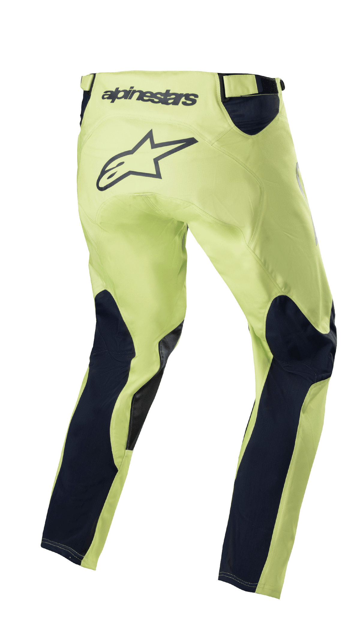 Alpinestars 2023 Racer Hoen byxor, motocrossbyxor, Fluorite Green och Night Navy, vy bakifrån med neongrönt chassi och marinblå benpaneler, stor svart stjärnlogotyp på sätet, ergonomisk förböjd design för terrängkörning