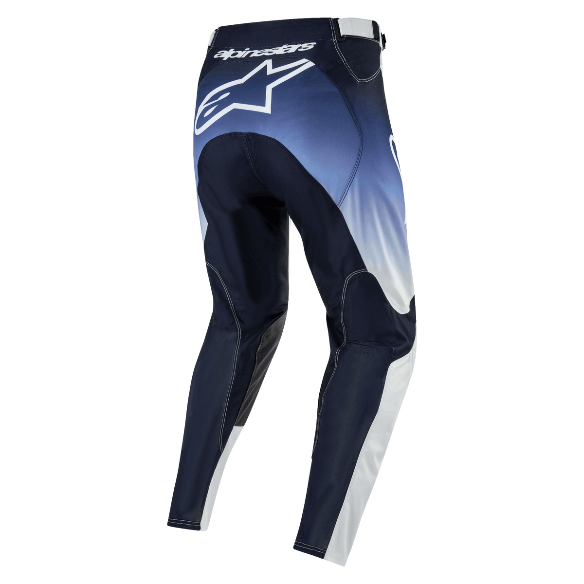 Alpinestars 2024 Racer Hoen byxor, motocrossbyxor sedda bakifrån, mörkblå och ljusblå gradient med vita accenter, stor vit Alpinestars-logotyp på sätet, tekniskt material för terrängkörning, ergonomisk passform