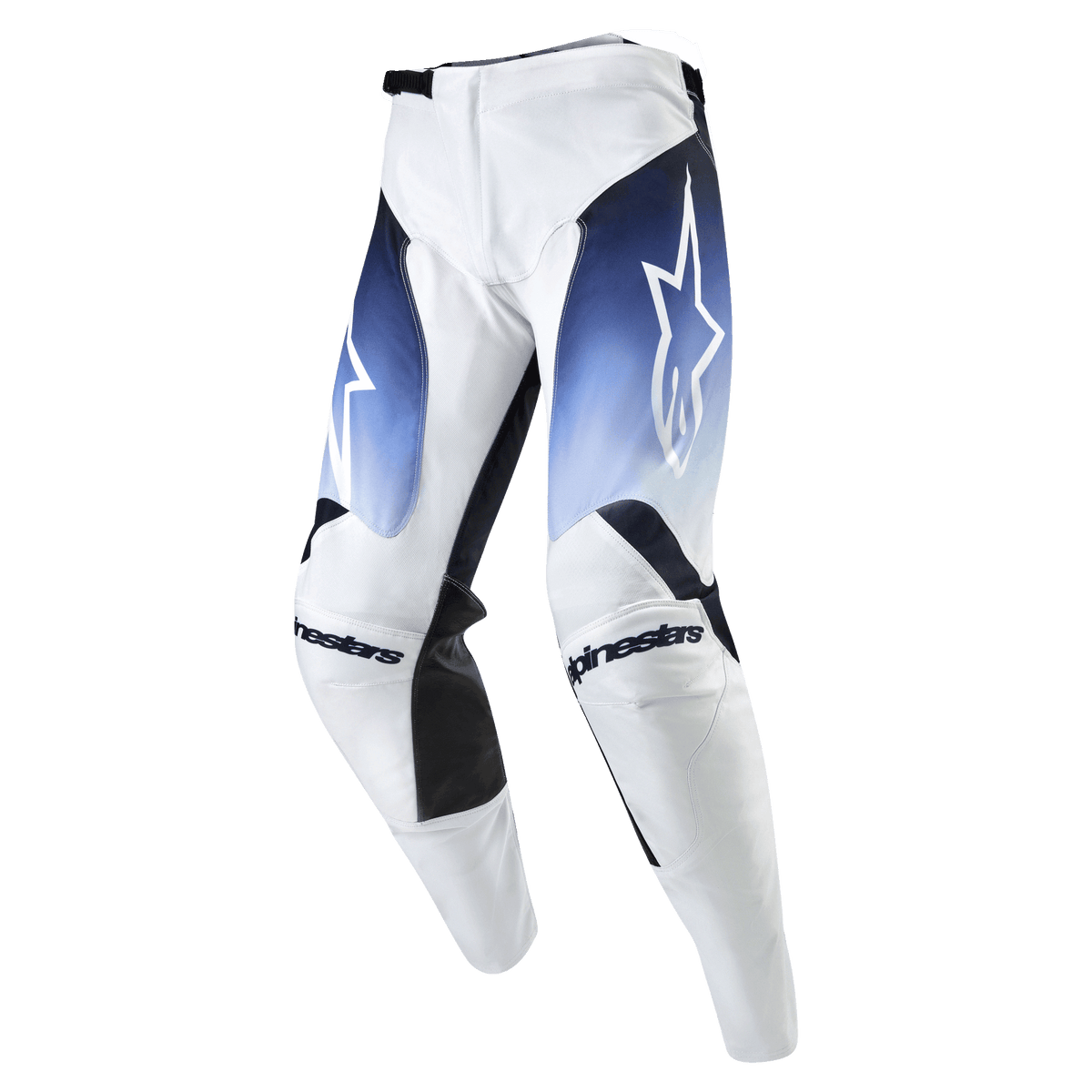 Alpinestars 2024 Racer Hoen byxor, motocrossbyxor, vita med mörk marinblå och ljusblå tonade paneler, vit stjärnlogotyp på låren, svarta Alpinestars-logotyper på knäna, slitstarkt material för terrängkörning