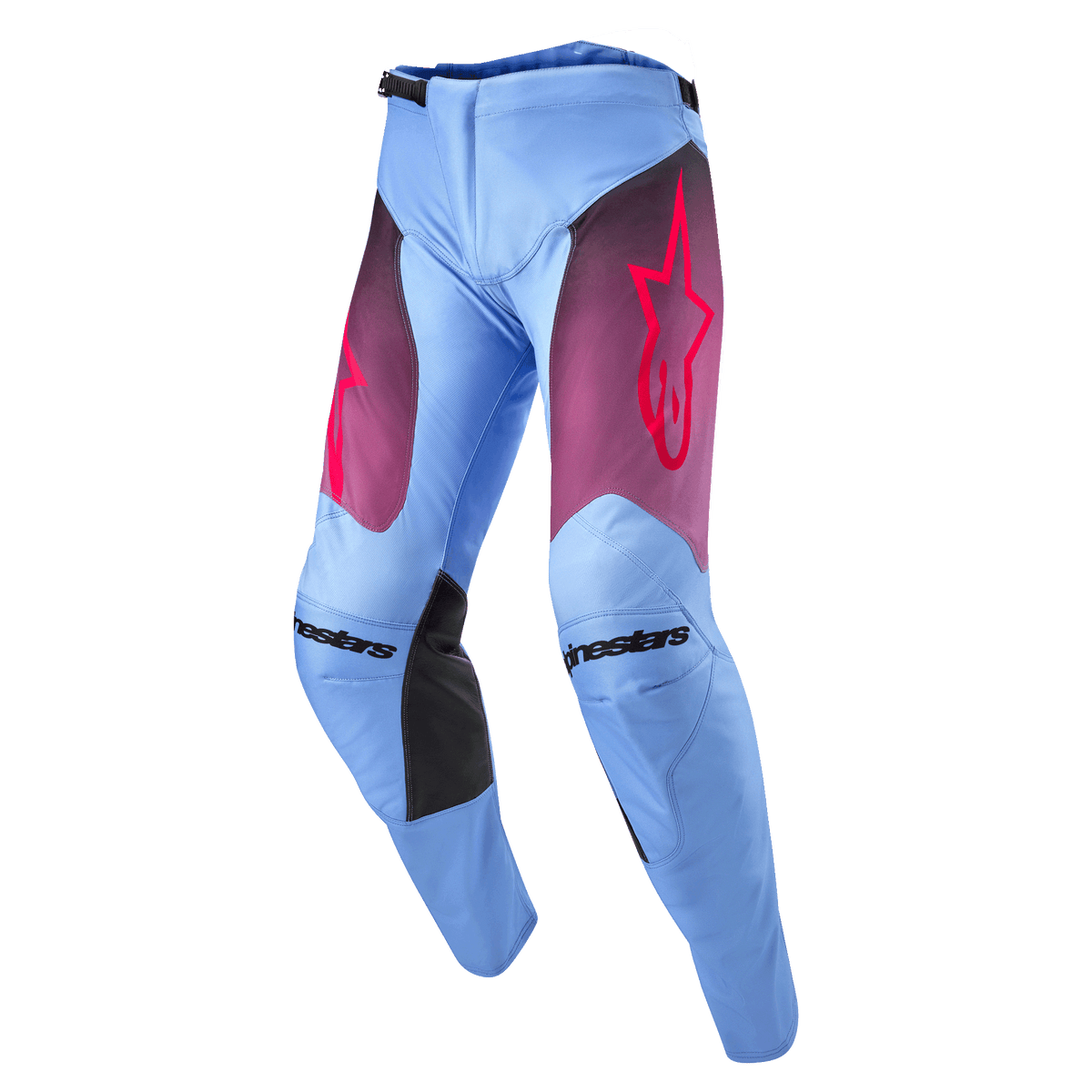 Alpinestars 2024 Racer Hoen byxor, motocrossbyxor, Lavan Purple och svart, ljusblå lavendelfärgad bas med lila tonade lårpaneler och rosa stjärnlogotyp, svarta paneler på insidan av knäna, förböjd ergonomisk design för offroad-prestanda