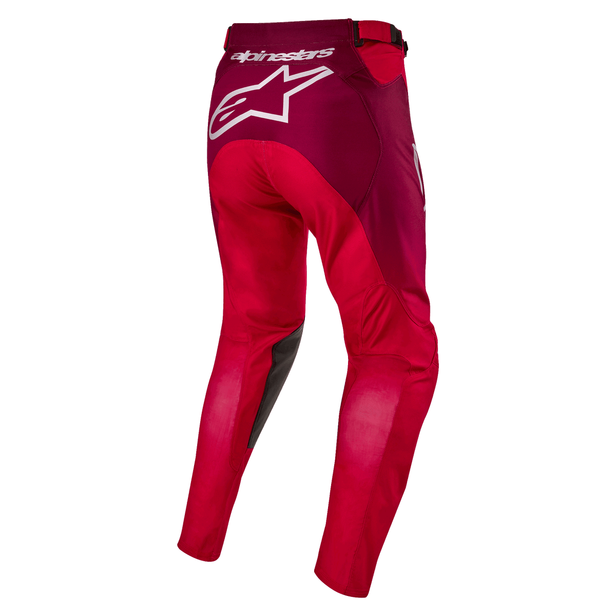 Alpinestars 2024 Racer Hoen byxor, motocrossbyxor, Mars Red och Burgundy, vy bakifrån som visar en stor vit Alpinestars-logotyp på sätet, ergonomisk förkrökt benkonstruktion, hållbart textilmaterial för terrängkörning