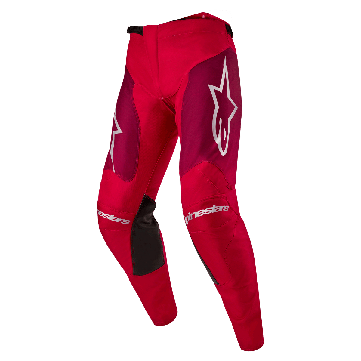 Alpinestars 2024 Racer Hoen-byxor, motocrossbyxor, Mars Red Burgundy, vinröda lårpaneler och vit Alpinestars-logotyp på knän och höfter, svarta greppaneler på insidan av knäna, sportig förböjd design för offroad-prestanda