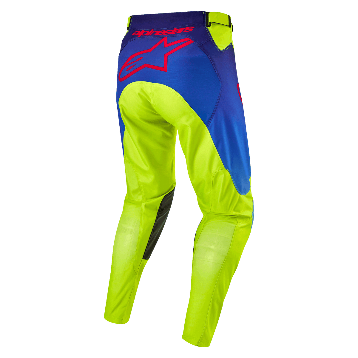 Alpinestars 2024 Racer Hoen byxor, motocrossbyxor, gul fluo och mörkblå Blue Night Navy, vy bakifrån som visar en stor röd Alpinestars-stjärnlogotyp, mörka läderpaneler på insidan av knäna, slitstarkt tekniskt material för terrängkörning
