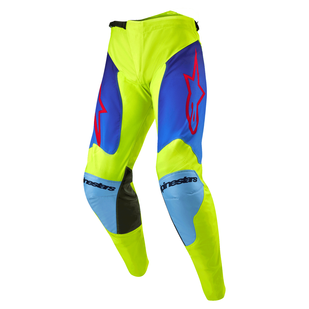 Alpinestars 2024 Racer Hoen byxor, motocrossbyxor, neongula och mörkblå (Blue Night Navy), med röda stjärnlogotyper på låren, ljusblå knäpaneler med svarta läderförstärkningar på insidan, sportig förböjd konstruktion för terrängkörning