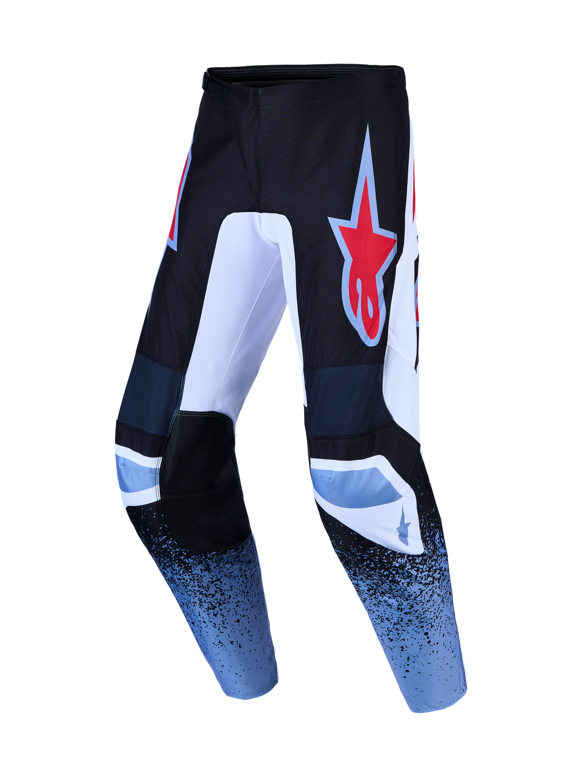 Alpinestars Fluid Drag Pants, Men's Motocross Pants, Black and Light Blue, durable polyfabric with ergonomic pre-curved fit.