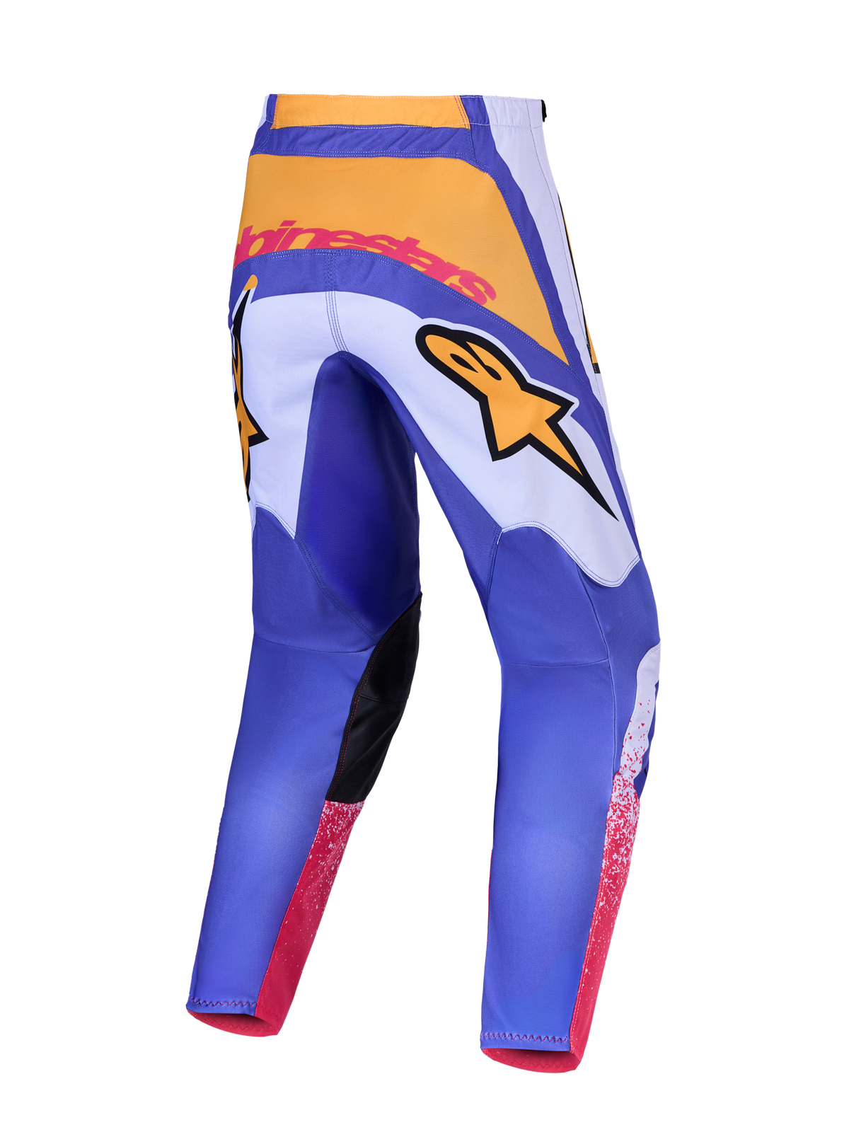 Alpinestars 2027 Fluid Drag Pants, Men's Motocross Gear, Blue and Yellow, featuring an ergonomic pre-curved 3D pattern.