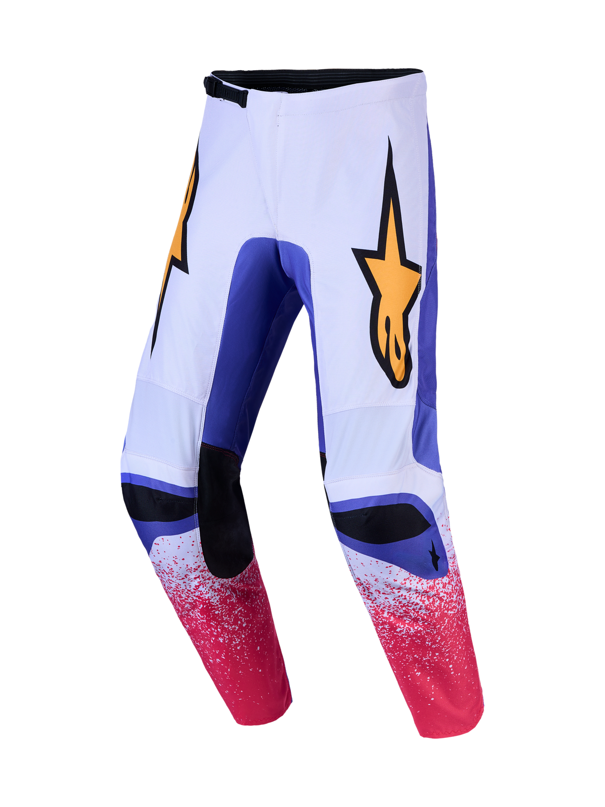 Alpinestars Fluid Drag Pants, men's motocross pants in Light Lilac and Blue Iris with Gold logos and pre-curved construction.