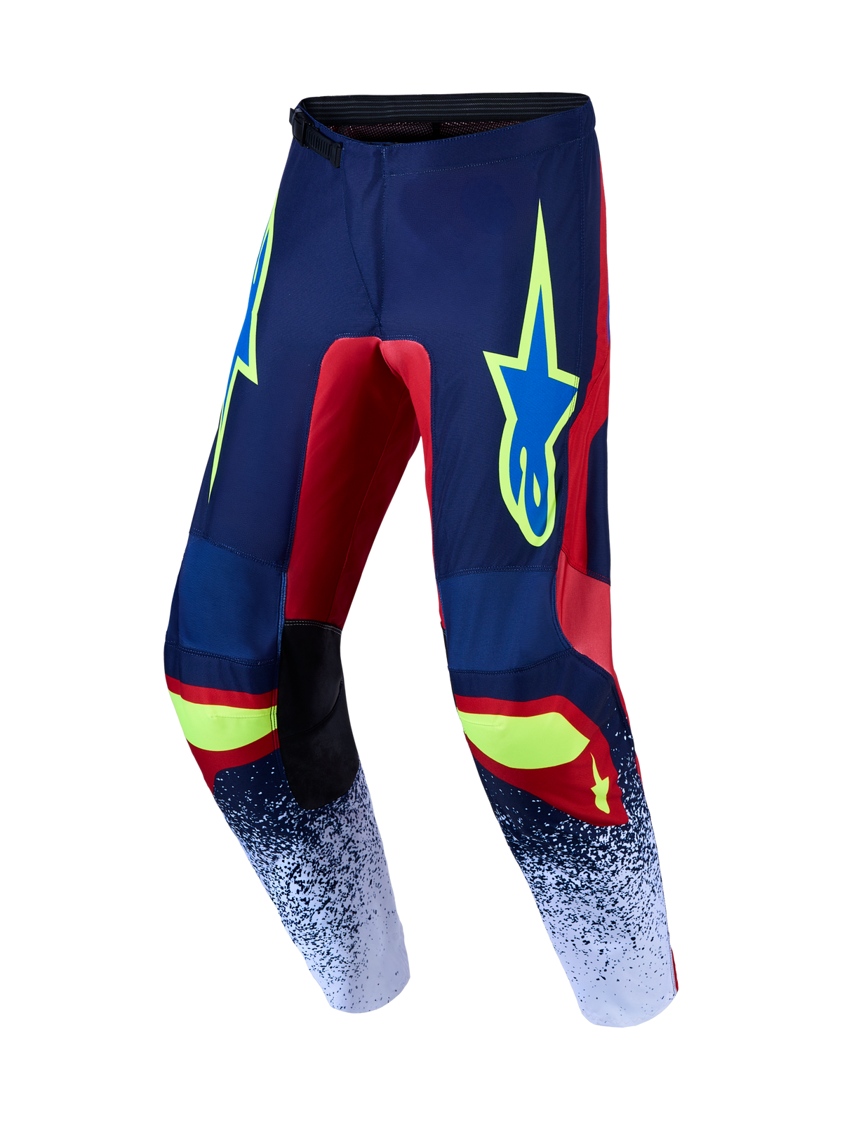 Alpinestars 2027 Fluid Drag motocrossbyxor, terrängkörning, marinblå och röda, neongula accenter, skyddande poly-material