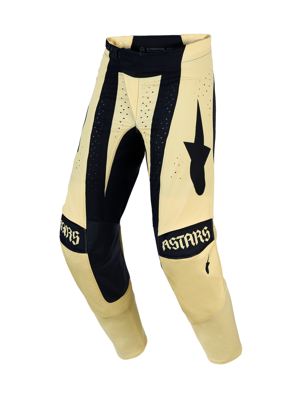 Alpinestars Techstar Atrox Men's Motocross Pants in Cream and Black with laser-cut ventilation for off-road performance.