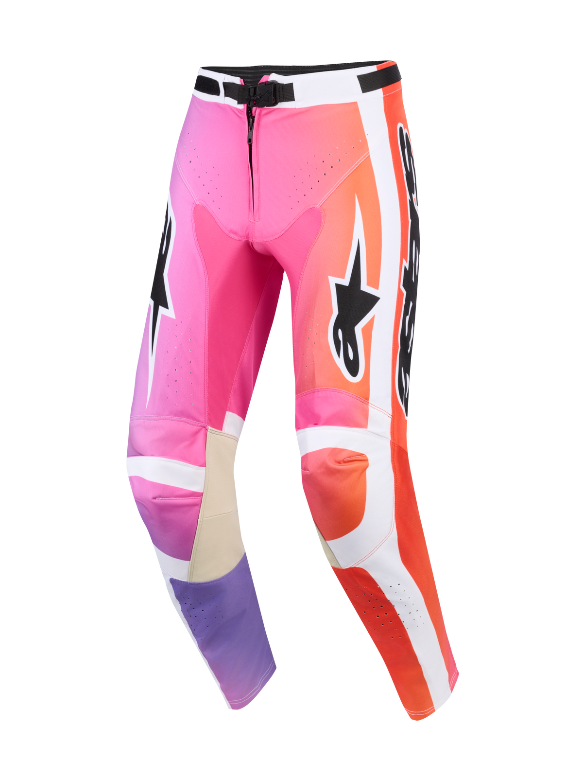 Alpinestars 2026 Racer Air Portl byxor, motocrossbyxor, rosa, orange och lila flerfärgade, med vita sidopaneler, svarta Alpinestars-logotyper, perforerade zoner för ventilation och beige läderförstärkningar på insidan av knäna.