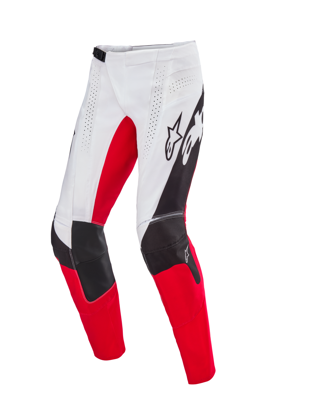 Alpinestars Limited Edition Techstar Deep-byxor, motocrossbyxor, vitt, svart och High Red, med laserperforerad ventilation, 3D Babel-knäkonstruktion med förstärkta paneler och tydlig Alpinestars-logotyp på låren, designade för professionell terrängprestanda.