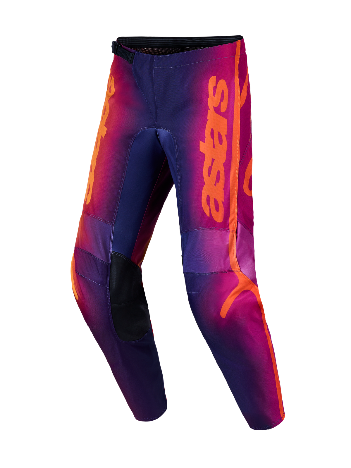 Alpinestars Fluid Kepler MX Pants, purple and orange motocross gear with reinforced knees and ergonomic 3D pattern.