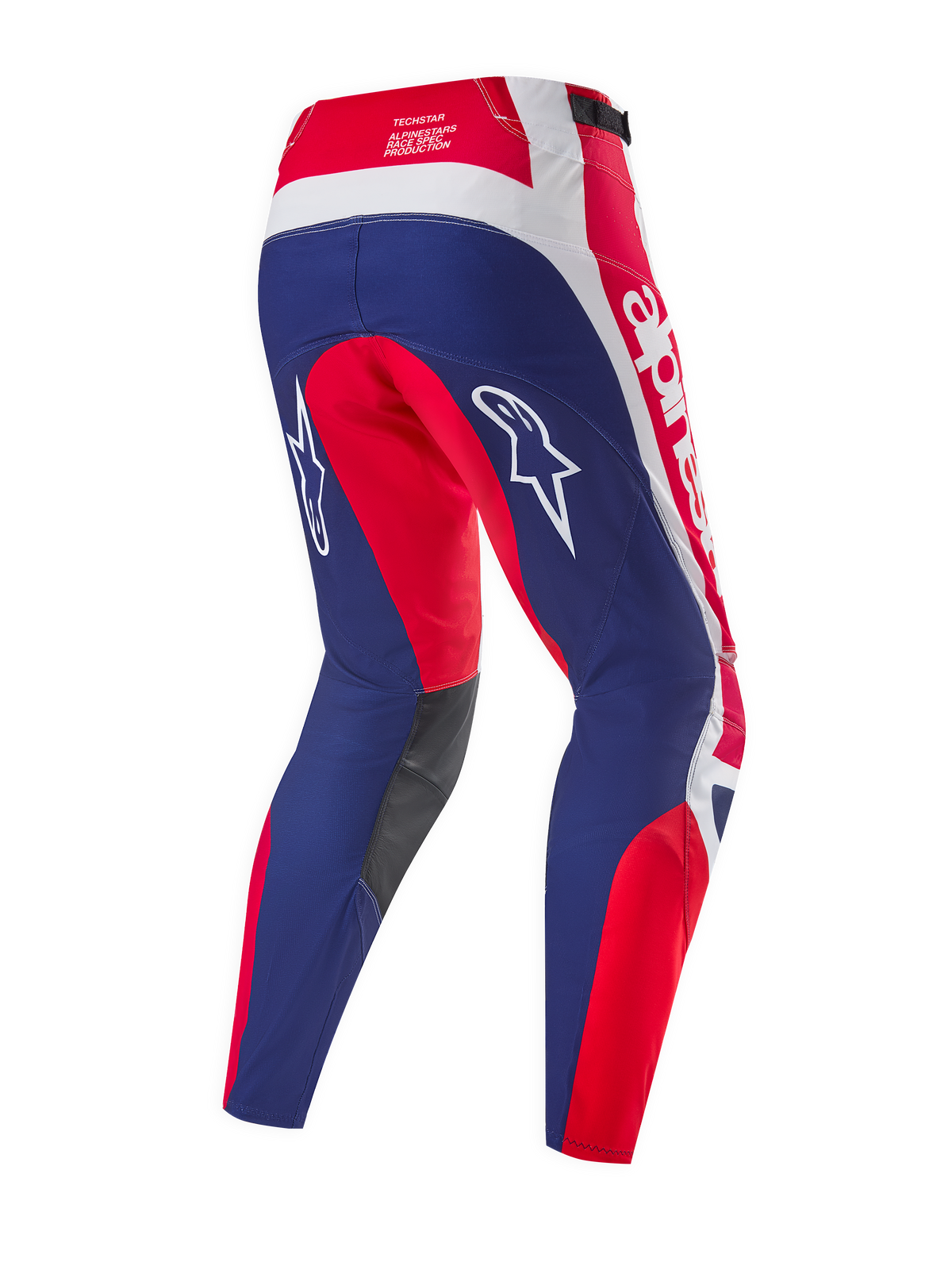 Alpinestars Limited Edition Techstar Fortitude byxor, motocrossbyxor, klarröd, vit och blå, baksida som framhäver ergonomiska racingpaneler, vita Alpinestars-logotyper och mörkgrå paneler på insidan av knäna.
