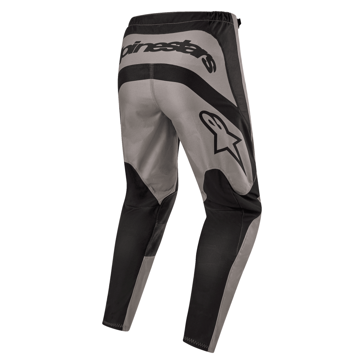 Alpinestars 2024 Fluid Lurv Pants, Motocross Pants, Mud Black, rear view showing bold Alpinestars branding across the back and star logo on the right thigh, grey and black paneled design with durable 600D poly-fabric for off-road riding.