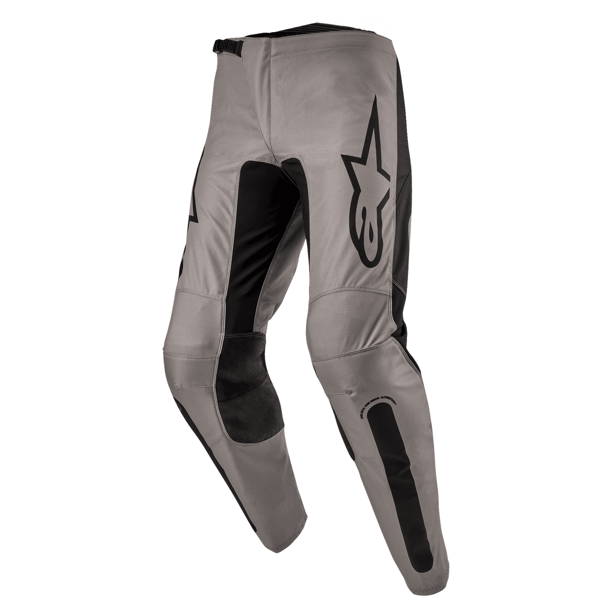 Alpinestars 2024 Fluid Lurv Pants, Motocross Pants, Mud Black, featuring a greyish-tan main chassis with black stretch panels on the inner legs and knees, prominent black Alpinestars logo on the thigh, ergonomic pre-curved design for off-road riding