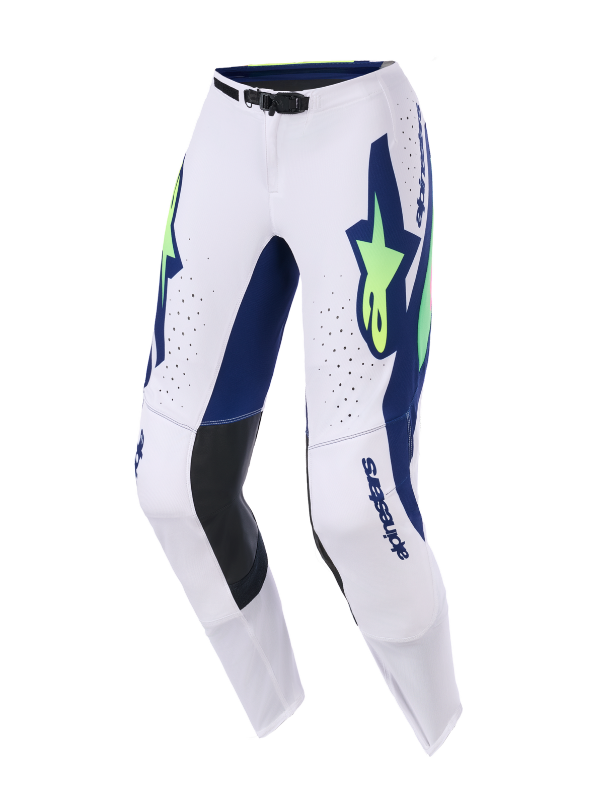 Alpinestars 2026 Supertech Vista byxor, motocrossbyxor, ljusgrå med kraftfull blå grafik och neongula stjärnlogotyper, svarta läderpaneler på insidan av knäna, laserskurna ventilationshål och en strömlinjeformad atletisk passform för terrängkörning.