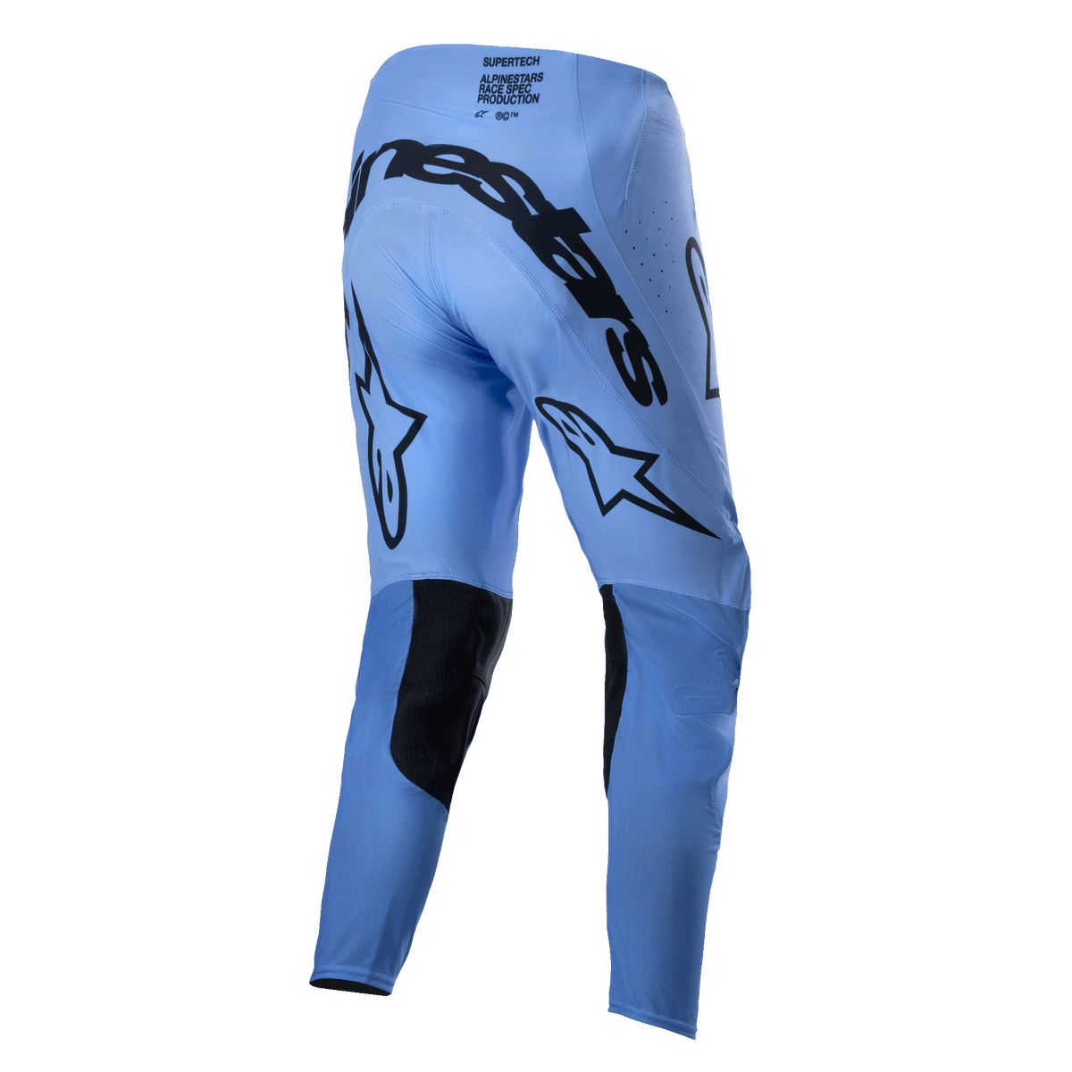 Alpinestars 2024 Supertech Dade byxor, motocrossbyxor, ljusblå, vy bakifrån som visar stor svart Alpinestars-logotyp över sätet, stjärnlogotyper på baksidan av benen, svarta förstärkta inre knäpaneler och perforerade ventilationszoner.