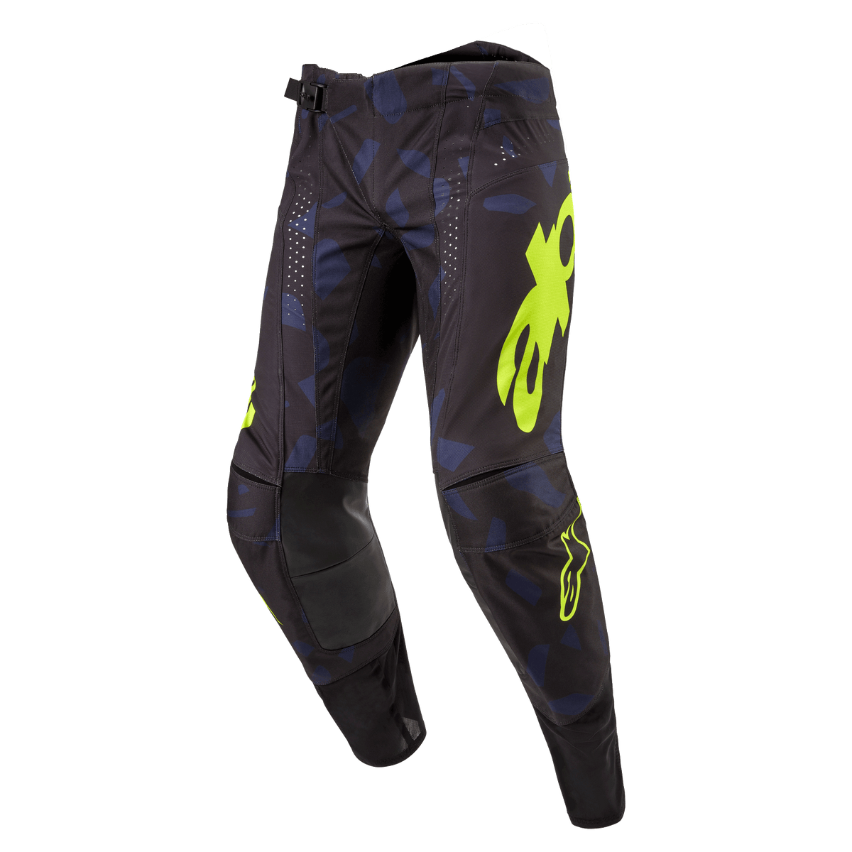 Alpinestars 2024 Techstar Rantera Pants, Motocross Pants, Black Navy and Yellow Fluo, featuring bold yellow branding, laser-cut perforations for airflow, and reinforced knee panels, race-inspired design for motocross performance