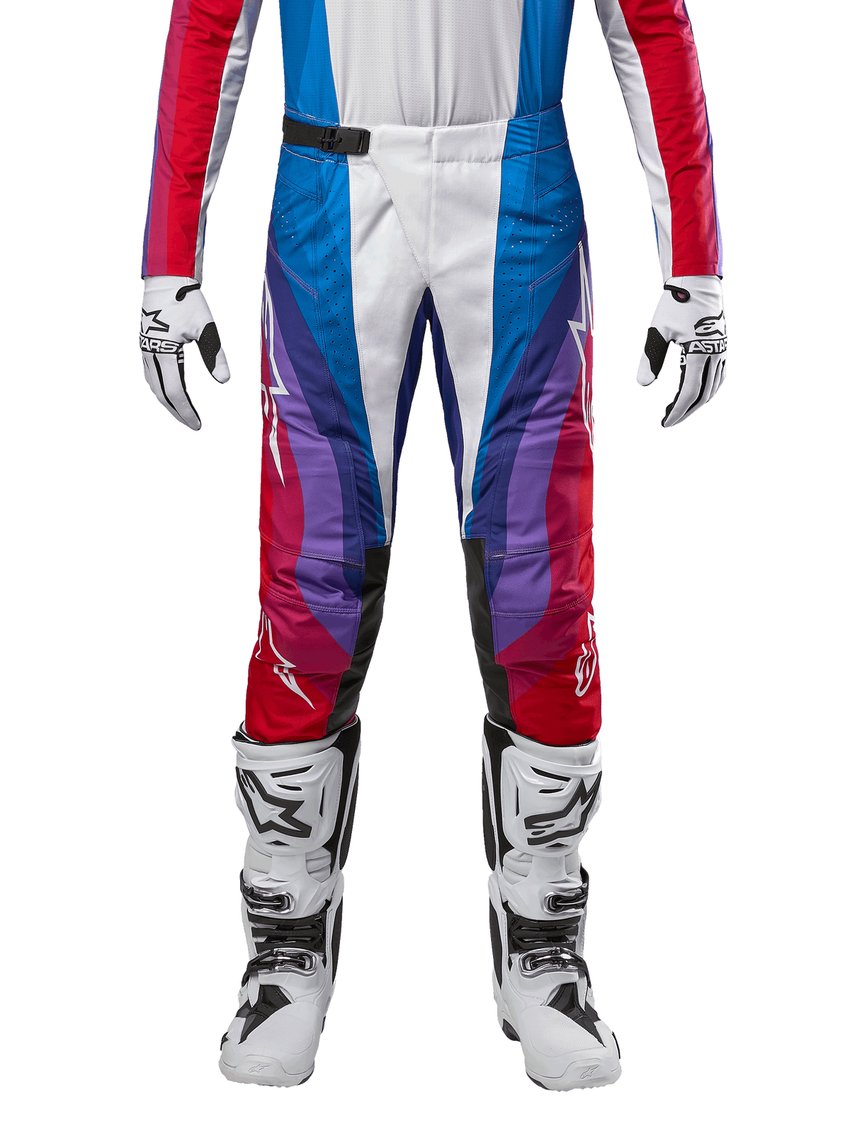 Alpinestars 2024 Techstar Pneuma Pants, Motocross Pants, Blu Mars Red White, featuring a multi-colored angular design with purple accents, paired with white and black motocross boots and matching gloves, athletic racing fit for off-road performance