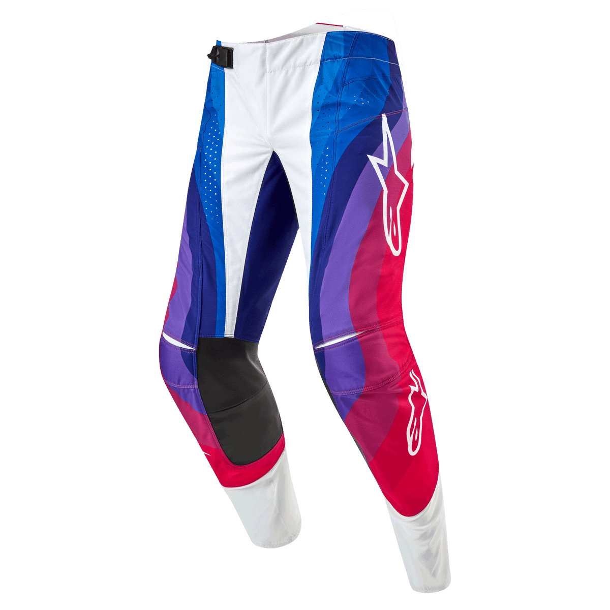 Alpinestars 2024 Techstar Pneuma Pants, Motocross Pants, Blu Mars Red White, featuring a dynamic wave pattern in shades of blue, purple, and red, white Alpinestars logos, and durable black inner knee panels