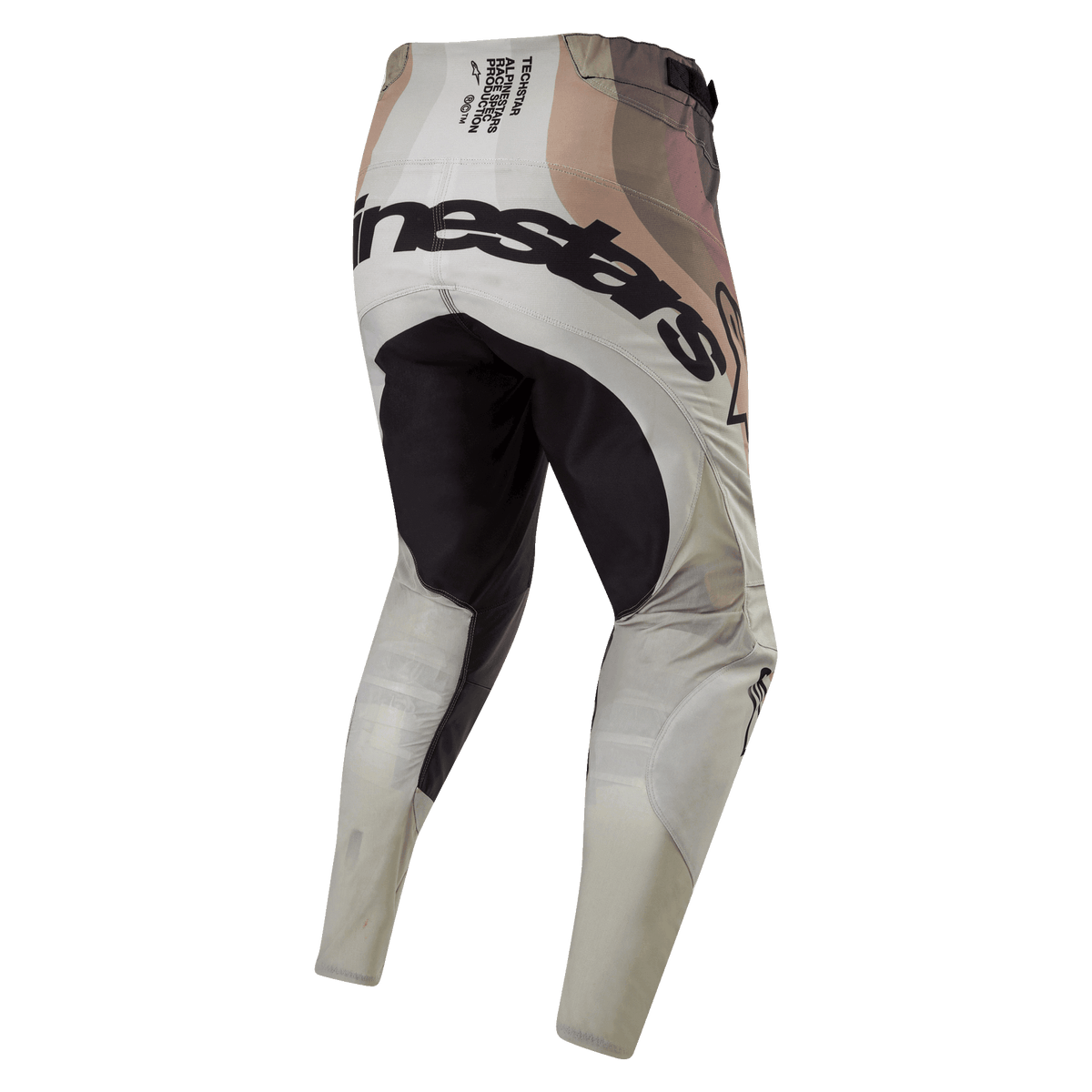 Alpinestars 2024 Techstar Pneuma Pants, Motocross Pants, Dark Sand and Iron Dust Gray, rear view featuring black reinforced seat panel and bold Alpinestars branding across the back, technical race spec text on the waistband, earthy camouflage-style design, durable textile construction for off-road racing