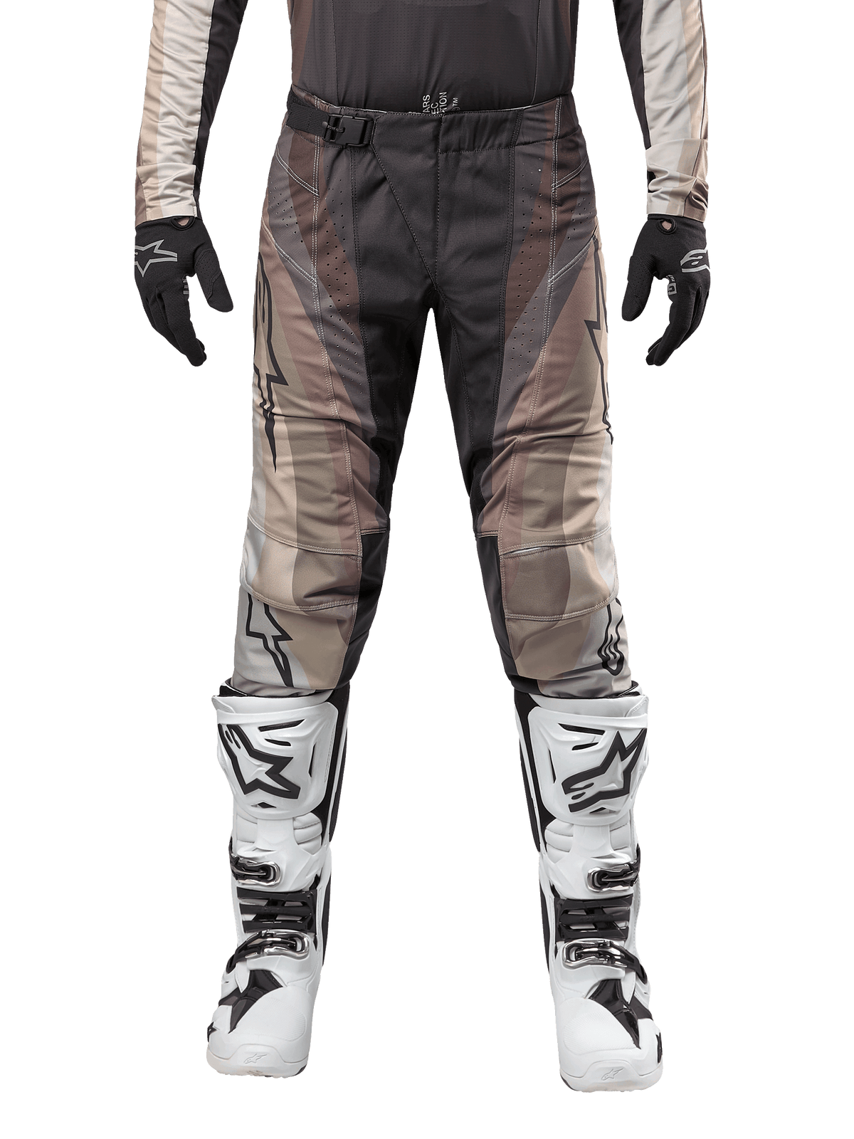 Alpinestars 2024 Techstar Pneuma Pants, Motocross Pants, Dark Sand Iron Dust Gray, worn with matching jersey, black gloves, and white and black boots, featuring SX2 magnetic buckle and Astars branding, durable off-road racing gear