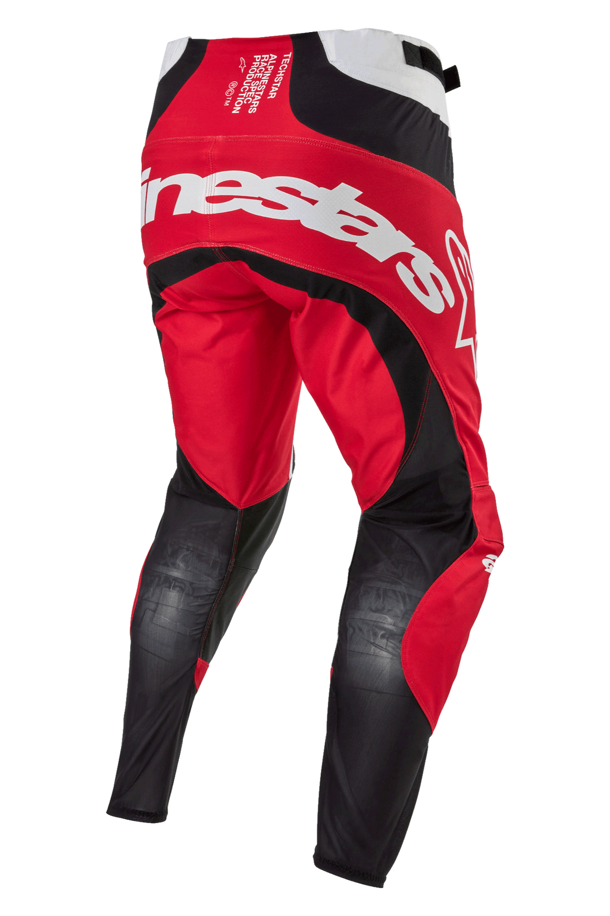 Alpinestars 2024 Techstar Ocuri byxor, motocrossbyxor, Mars Red, vit och svart, baksida med stor vit Alpinestars-logotyp över sätet, ventilerande svarta meshpaneler på baksidan av benen och slitstark röd textilkonstruktion för terrängkörning