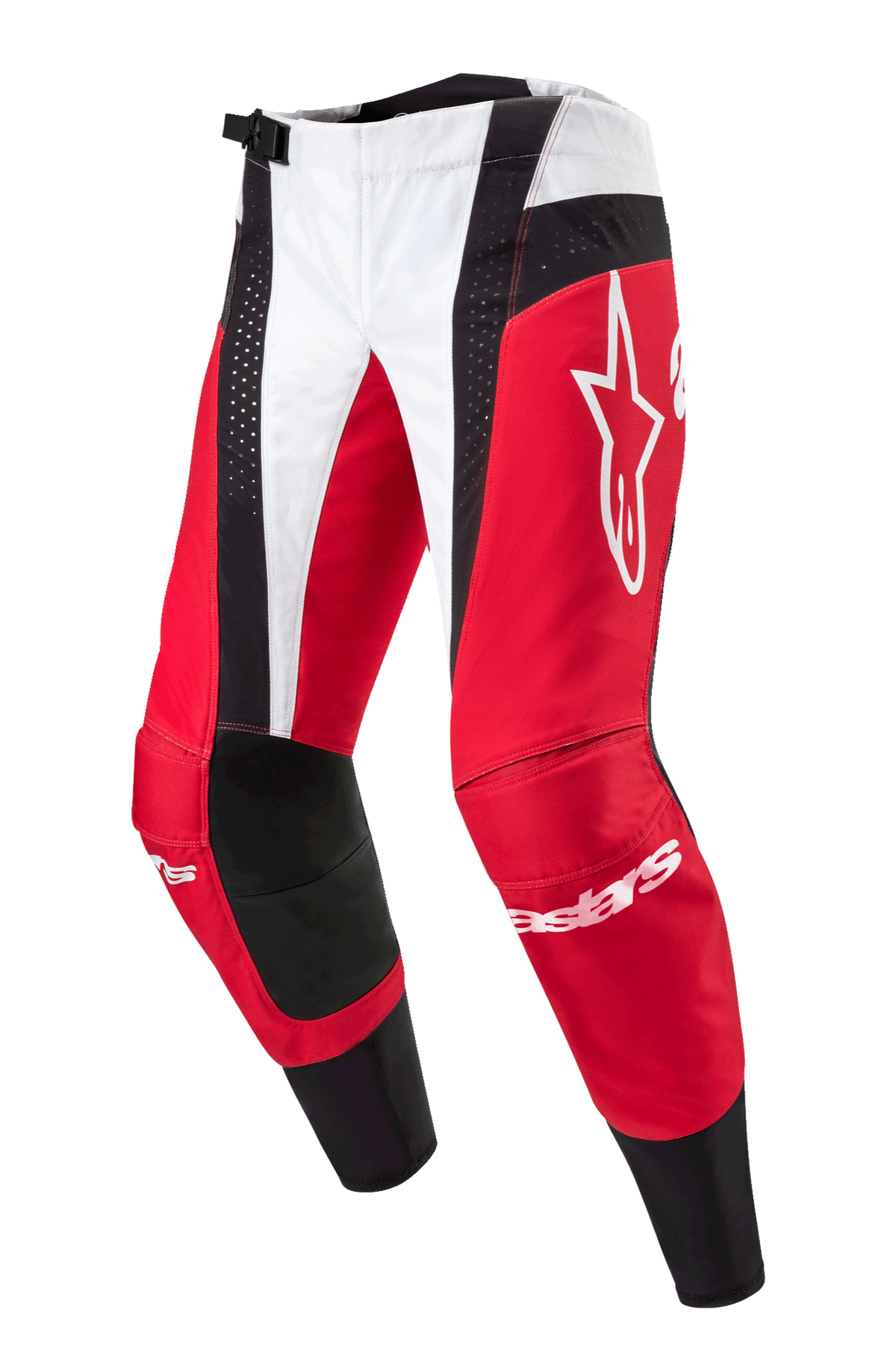 Alpinestars 2024 Techstar Ocuri byxor, motocrossbyxor, röd, vit och svart, med röda och vita paneler och svarta perforerade detaljer, stor vit Astar-logotyp på låret, Alpinestars-logotyper på smalbenen, hållbar design för terrängkörning
