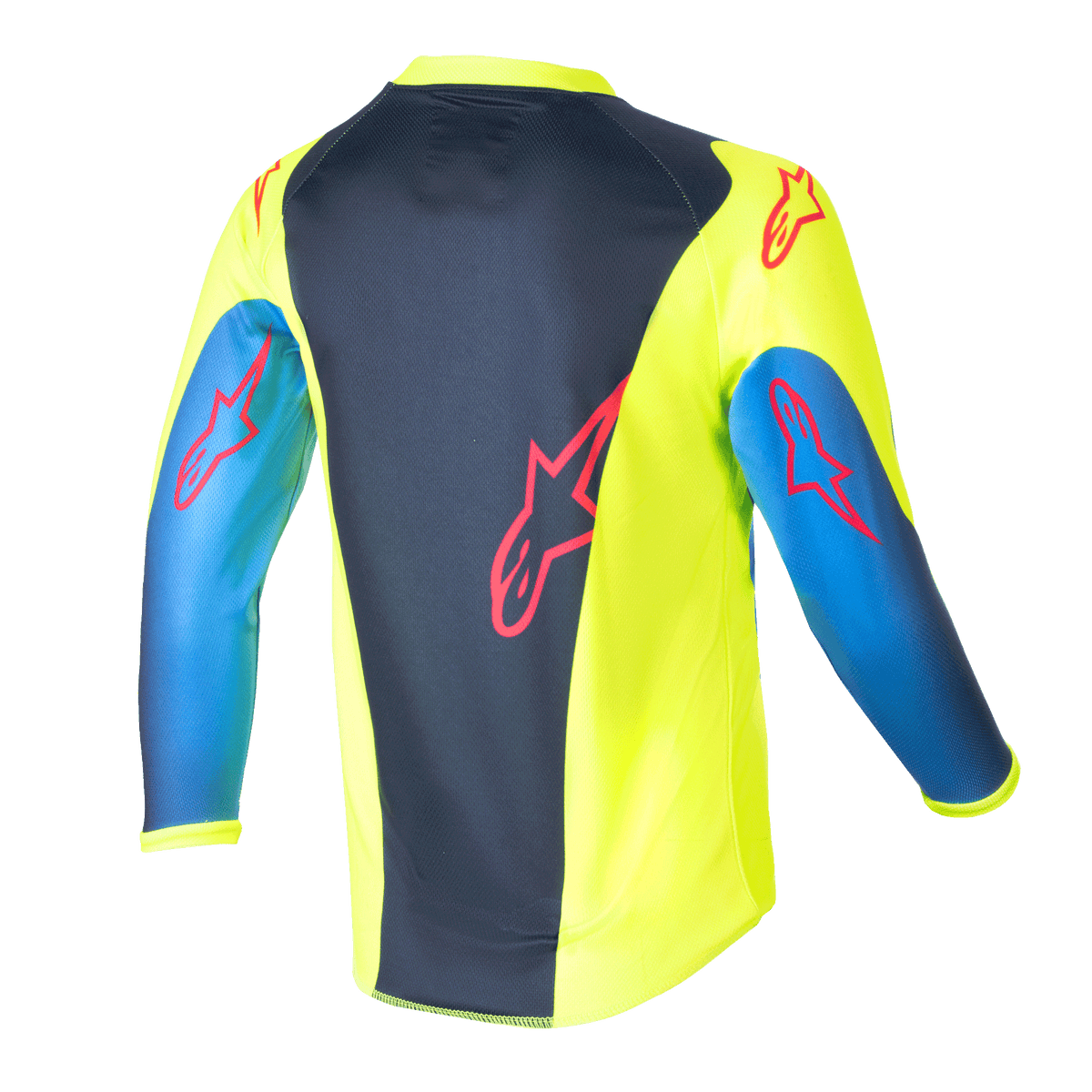 Alpinestars Kids 2024 Racer Graphic 1-tröja, motocrosströja, fluorescerande gul och mörkblå, baksida som visar röda stjärnlogotyper, livfull design med mörkblå mittpanel och gula sidor, lättviktigt poly-material för terrängkörning