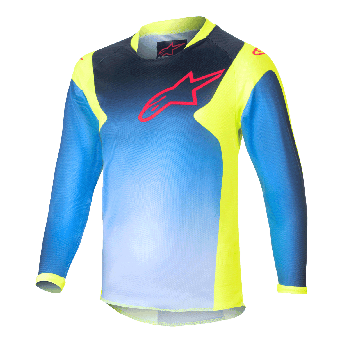 Alpinestars Kids 2024 Racer Graphic 1 Jersey, långärmad motocrosströja för barn, blå och neongul, med en blå gradientdesign och röd logotyp på bröstet, neongula sidopaneler och krage, lättviktigt funktionstyg