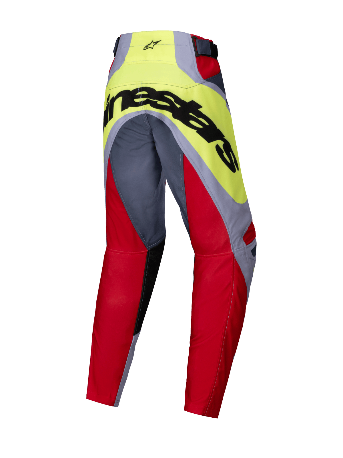 Alpinestars 2025 Youth Racer Melt Pants, motocrossbyxor, klarröda och grå med neongult, baksida med stor svart Alpinestars-logotyp över sätet, förböjd design för terrängprestanda