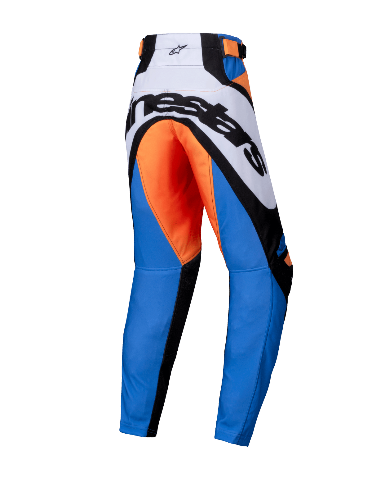 Alpinestars 2025 Ungdom Racer Melt-byxor, motocrossbyxor, orange och blå, vy bakifrån med tydlig svart Alpinestars-logotyp på vitt ok, orange sätesdel, blå ben och svarta förstärkta paneler, ergonomisk design för terrängkörning