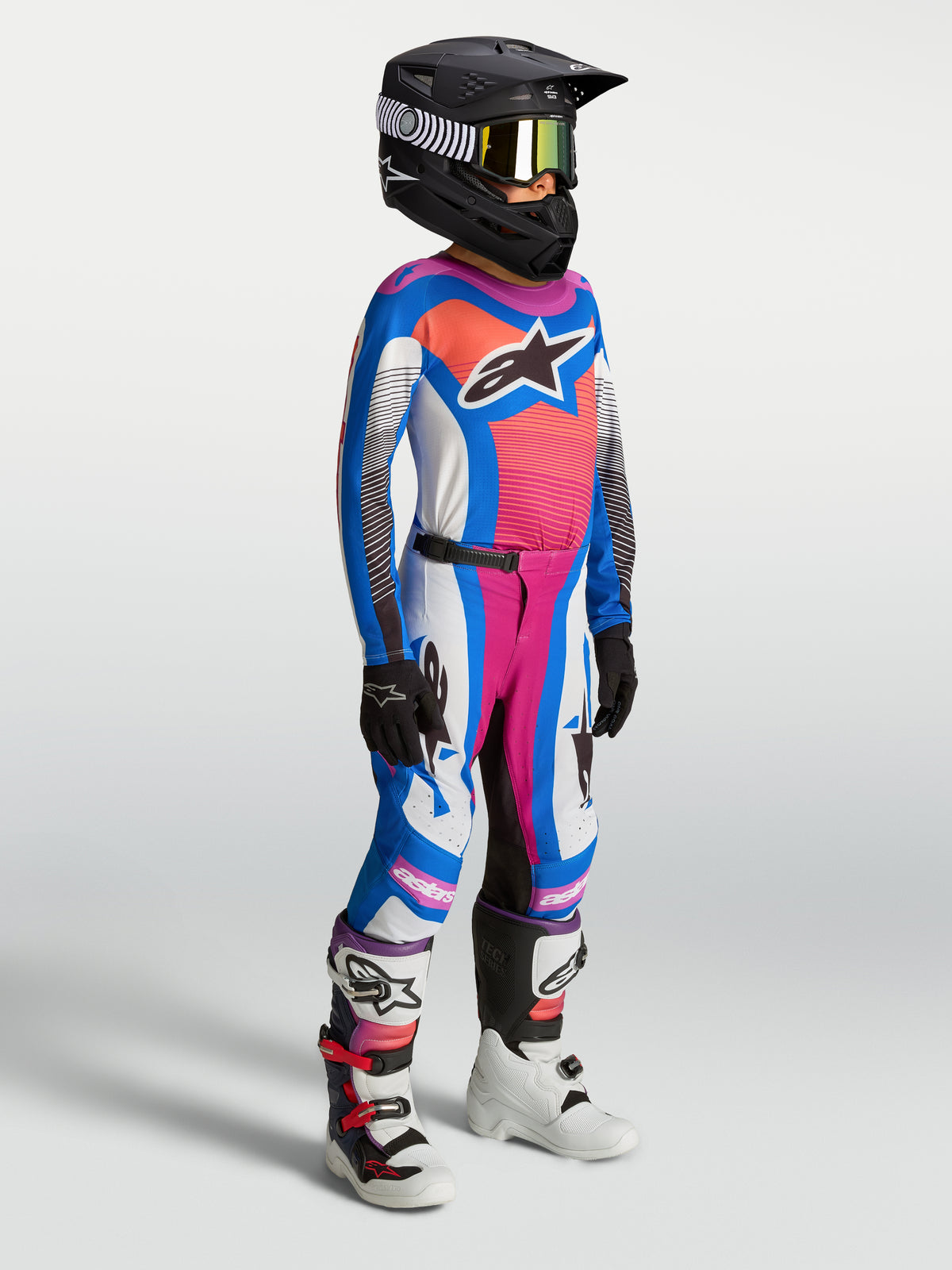 Alpinestars Youth Supertech Maven Pants, motocross racing gear for young riders, white, blithe blue and hot coral.