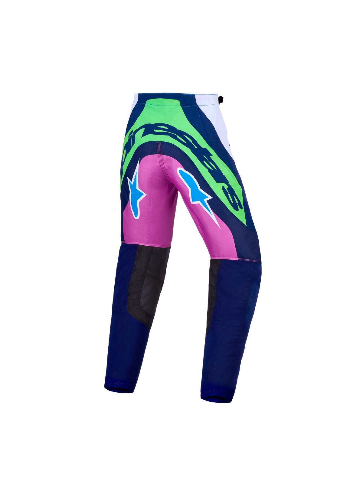 Alpinestars Youth Supertech Maven Pants, blue and green motocross racing pants with durable rip-stop fabric.
