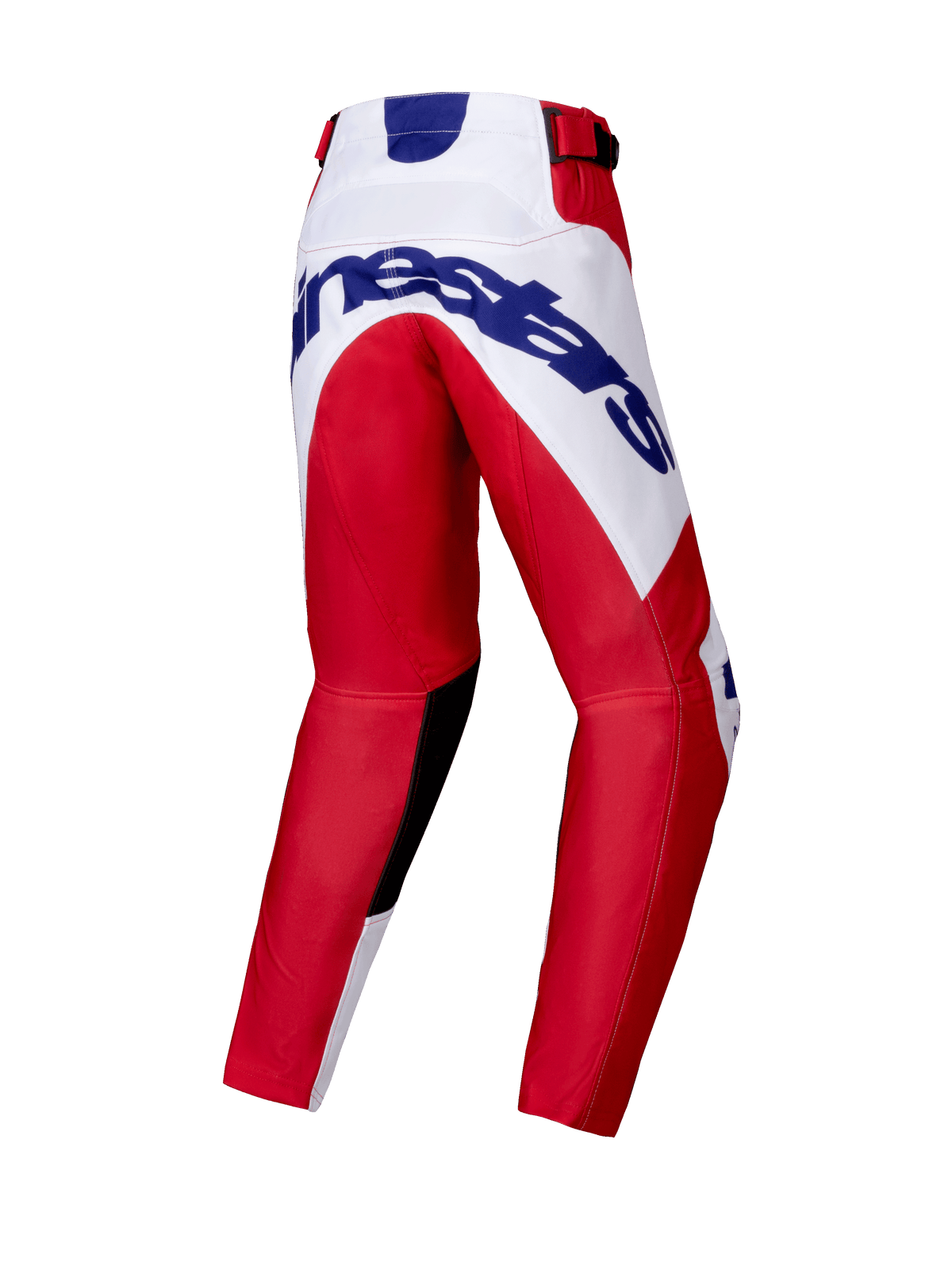 Alpinestars 2025 Racer Veil Byxor Ungdom, motocrossbyxor, klarröda och vita, vy bakifrån som visar en stor blå Alpinestars-logotyp på sätet, förböjd benkonstruktion, svarta paneler på knänas insida och spärrspänne i midjan.