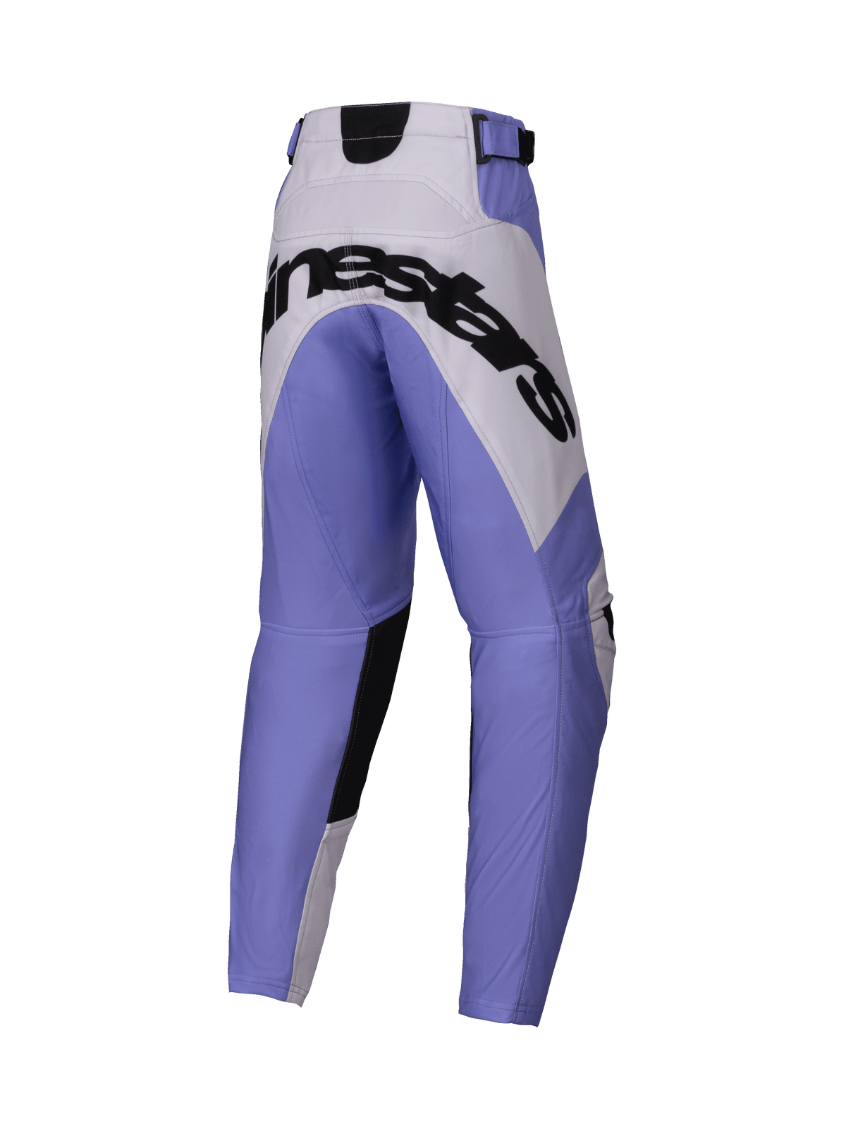 Alpinestars 2025 Youth Racer Veil-byxor, motocrossbyxor, lila, vita och svarta, stor svart Alpinestars-logotyp över sätet, sportig design med förstärkta paneler, slitstarkt material för terrängkörning