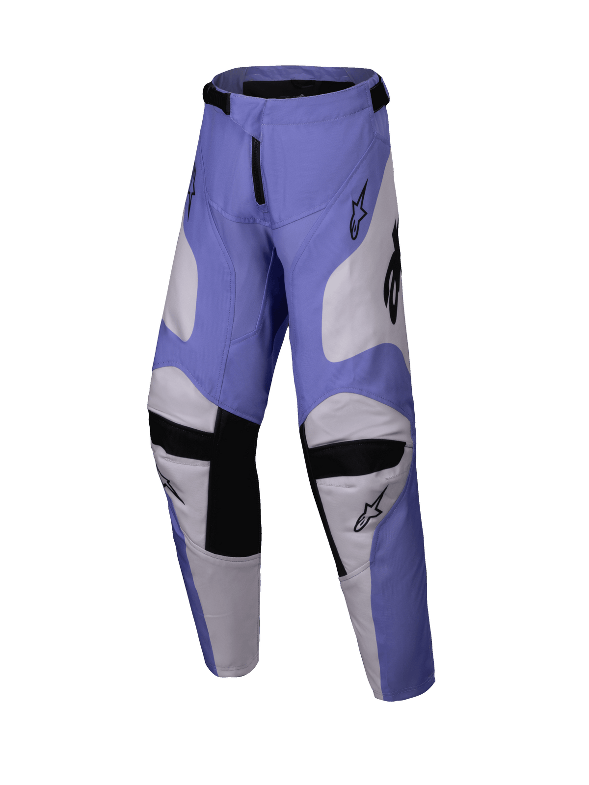 Alpinestars 2025 Youth Racer Veil-byxor, motocrossbyxor, lila och vita med svarta detaljer, med knäpaneler i getläder på insidan och en förböjd ergonomisk design, slitstark terrängutrustning för ungdomar