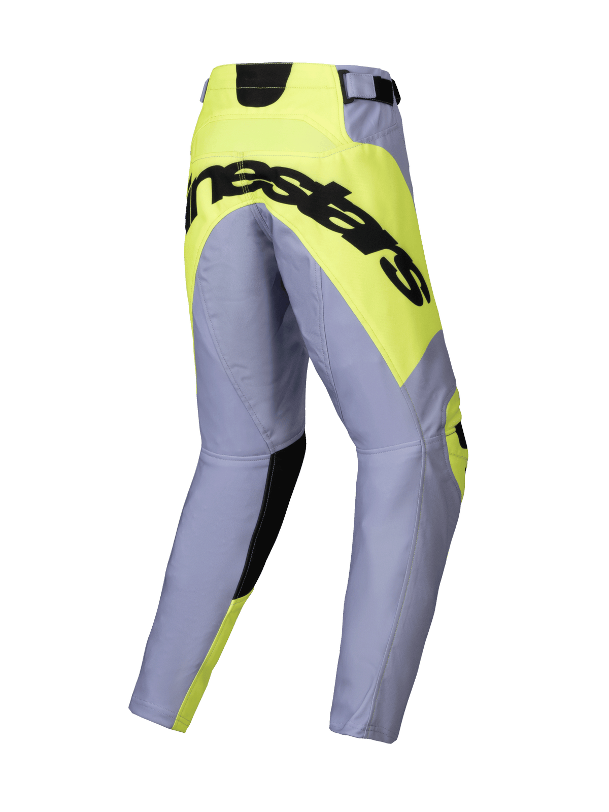 Alpinestars Youth Racer Veil-byxor 2025, motocrossbyxor för ungdom, grå och neongula, vy bakifrån med en stor svart Alpinestars-logotyp på en neongul sätespanel, förböjd benkonstruktion för terrängkörning