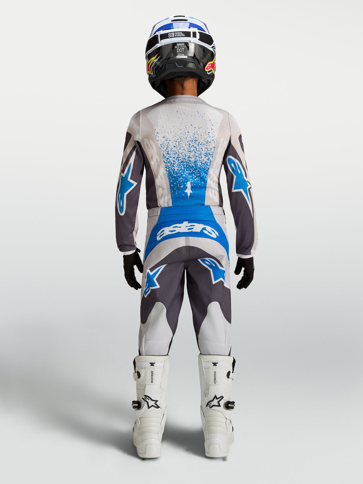 Alpinestars Youth Fluid Drag Pants, Motocross Off-Road Gear, Youth, Gray and Blue, shown with matching jersey and boots.