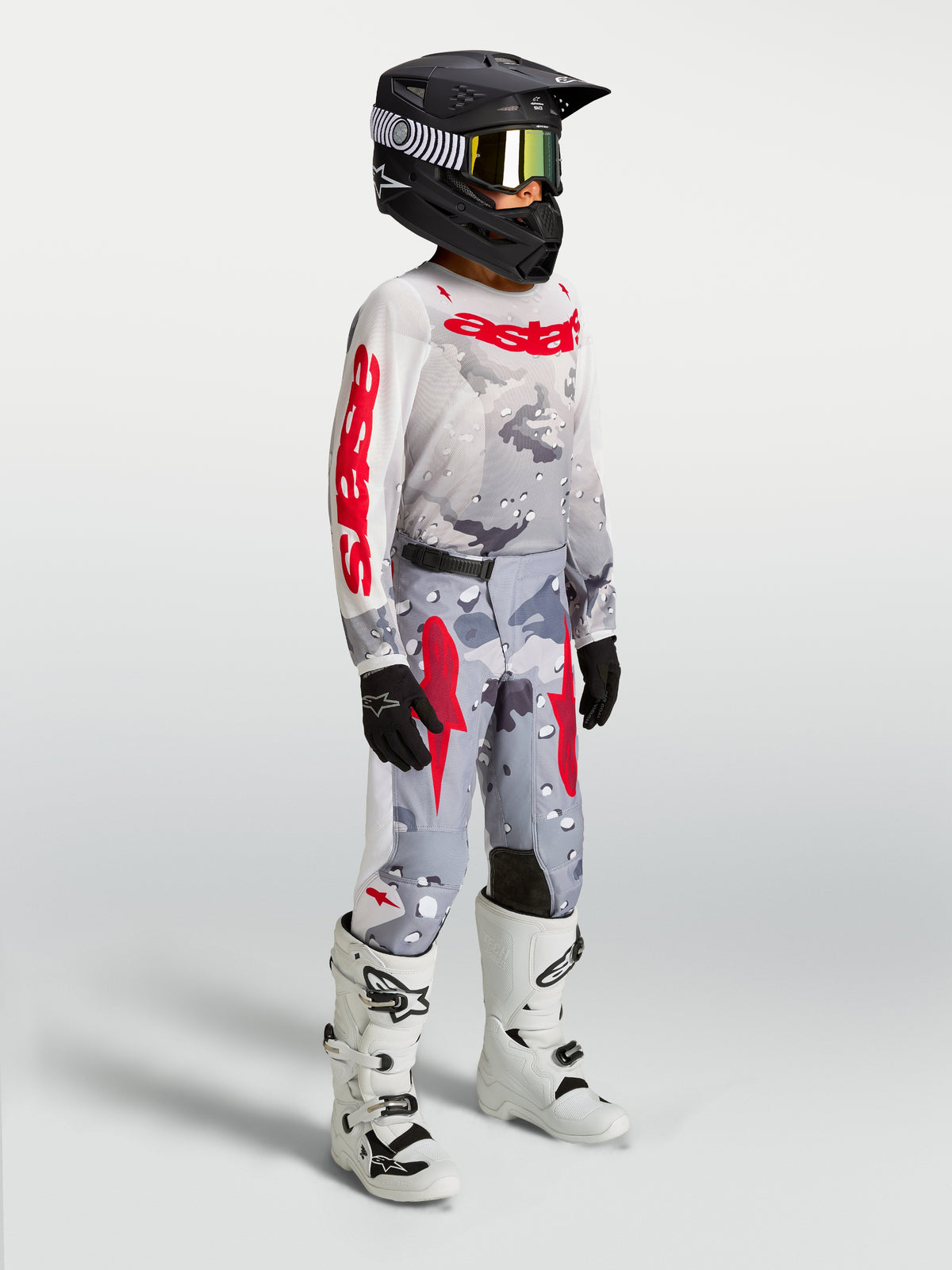 Alpinestars Youth Fluid Lone Pants, Motocross Racing, Gray Camo and Fire Red, 600D textile construction with ergonomic fit.