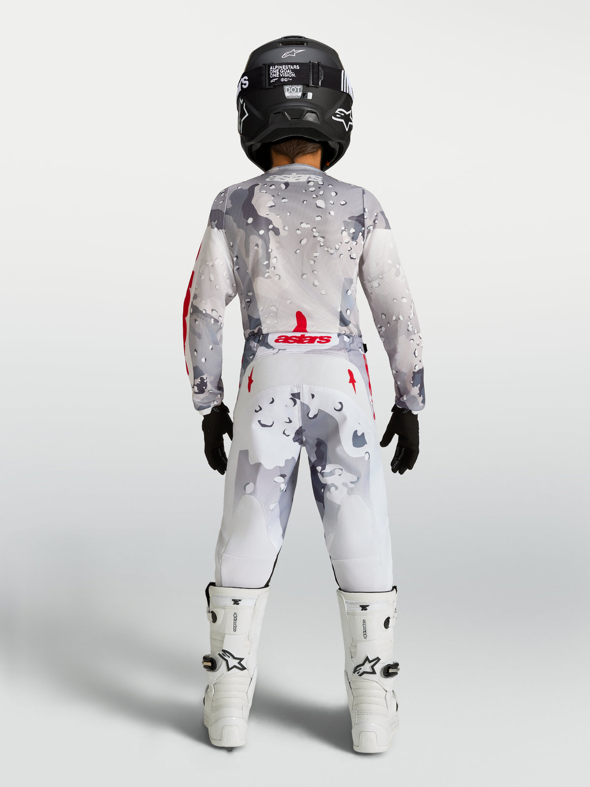 Alpinestars Youth Fluid Lone Pants in Gray Camo and White, motocross racing gear for young riders, back view.