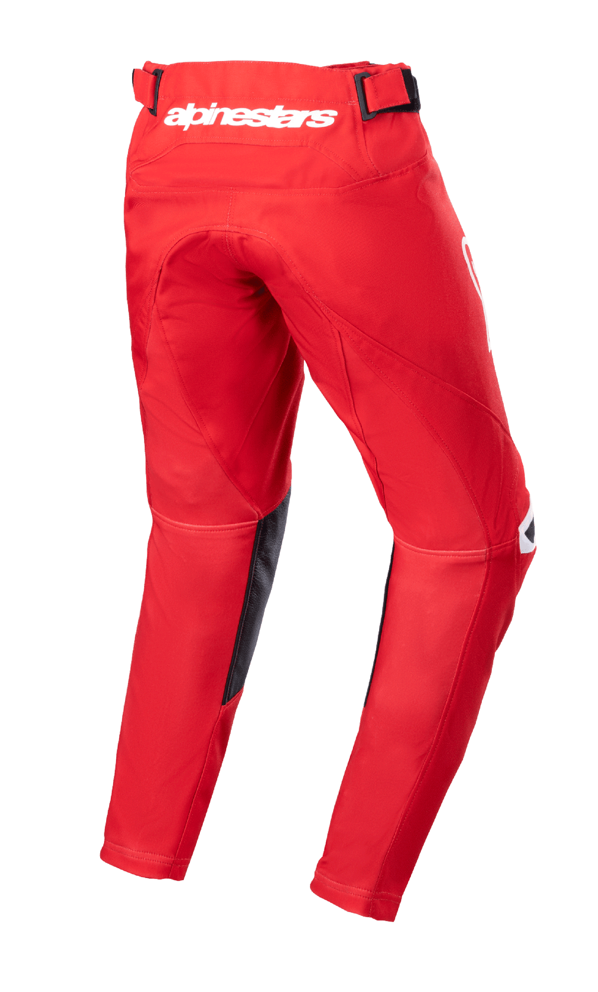 Alpinestars Youth 2023 Racer Narin byxor, motocrossbyxor, Mars Red och vit, vy bakifrån som visar vit Alpinestars-logotyp i midjan bak, svarta innerbenspaneler i läder, förböjd ergonomisk design för terrängkörning